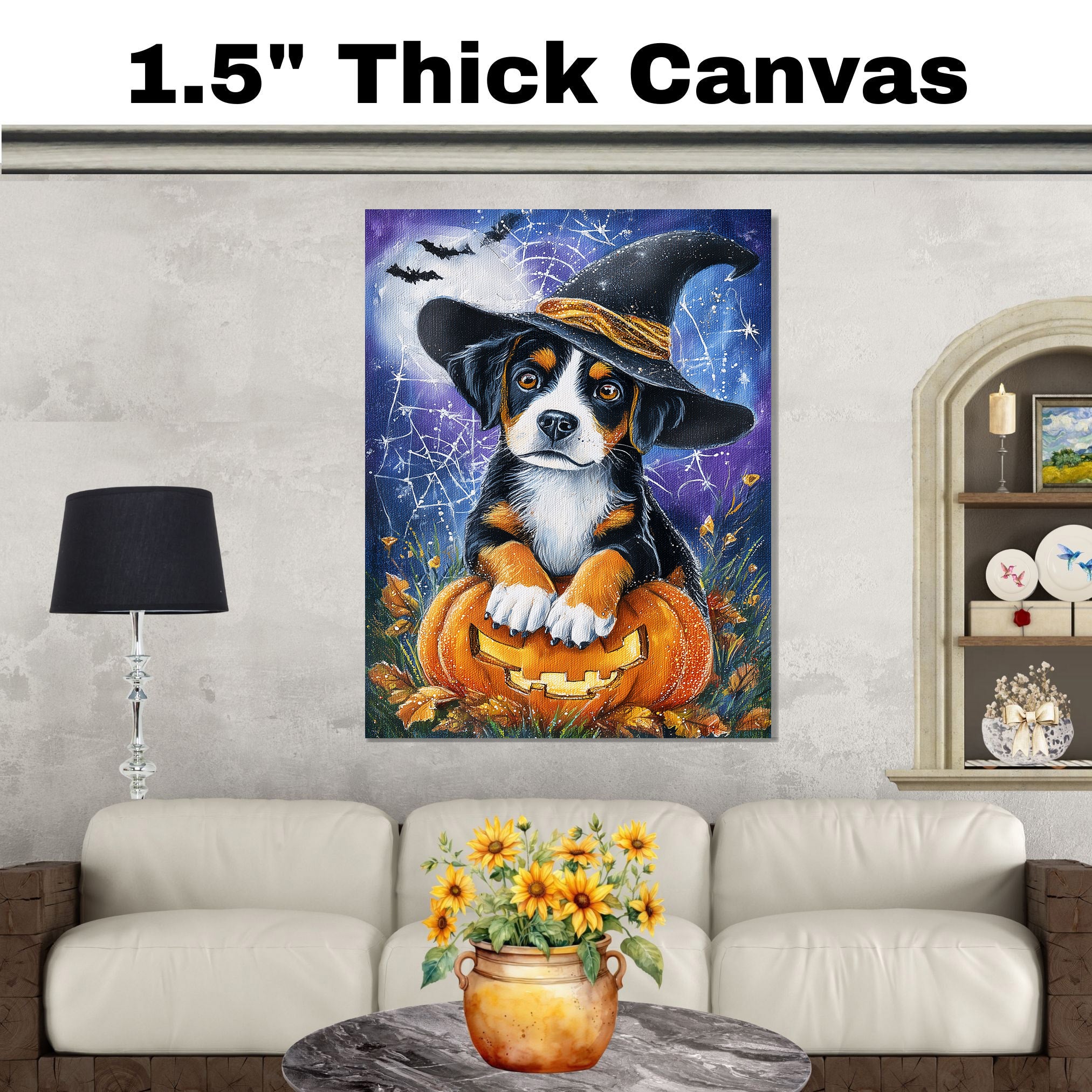 Greater Swiss Mountain Dog Halloween Puppy Canvas Wall Art Dog Lover Gift for Fall Seasonal Home Decoration on Ready to Hang 1.5" Thick Canvas Wrap, Floating Framed Canvas, Flat Rolled Canvas