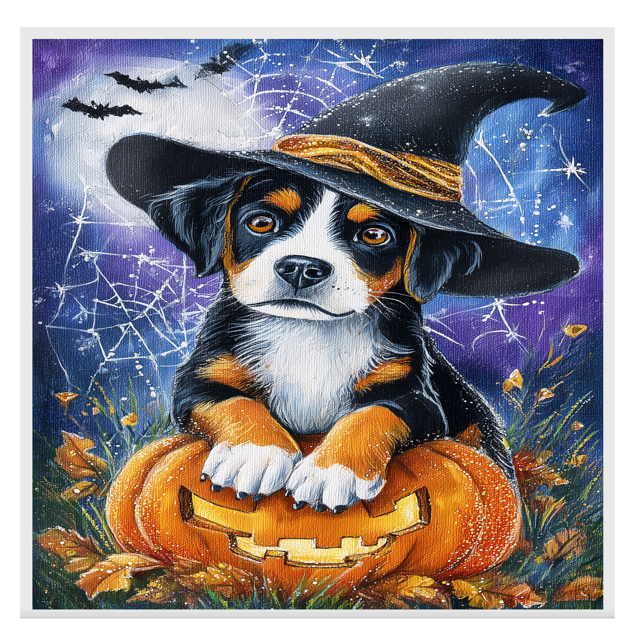 Greater Swiss Mountain Dog Halloween Puppy Canvas Wall Art Dog Lover Gift for Fall Seasonal Home Decoration on Ready to Hang 1.5" Thick Canvas Wrap, Floating Framed Canvas, Flat Rolled Canvas