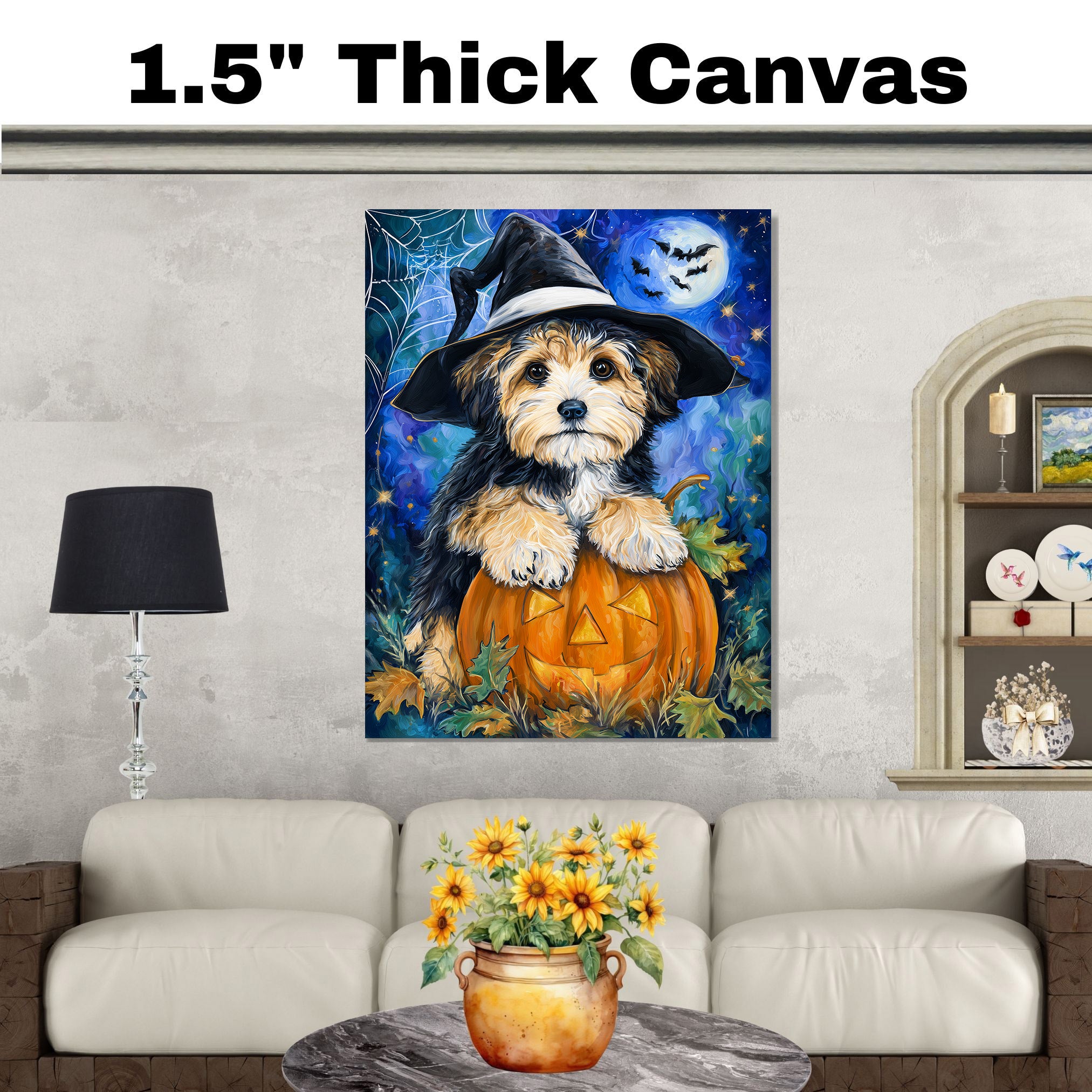 Havanese Dog Fall Thanksgiving Painting Gift for Fall Seasonal Home Decorations Canvas for Dog Lover on Ready to Hang 1.5" Thick Canvas Wrap, Floating Framed Canvas, Flat Rolled Canvas