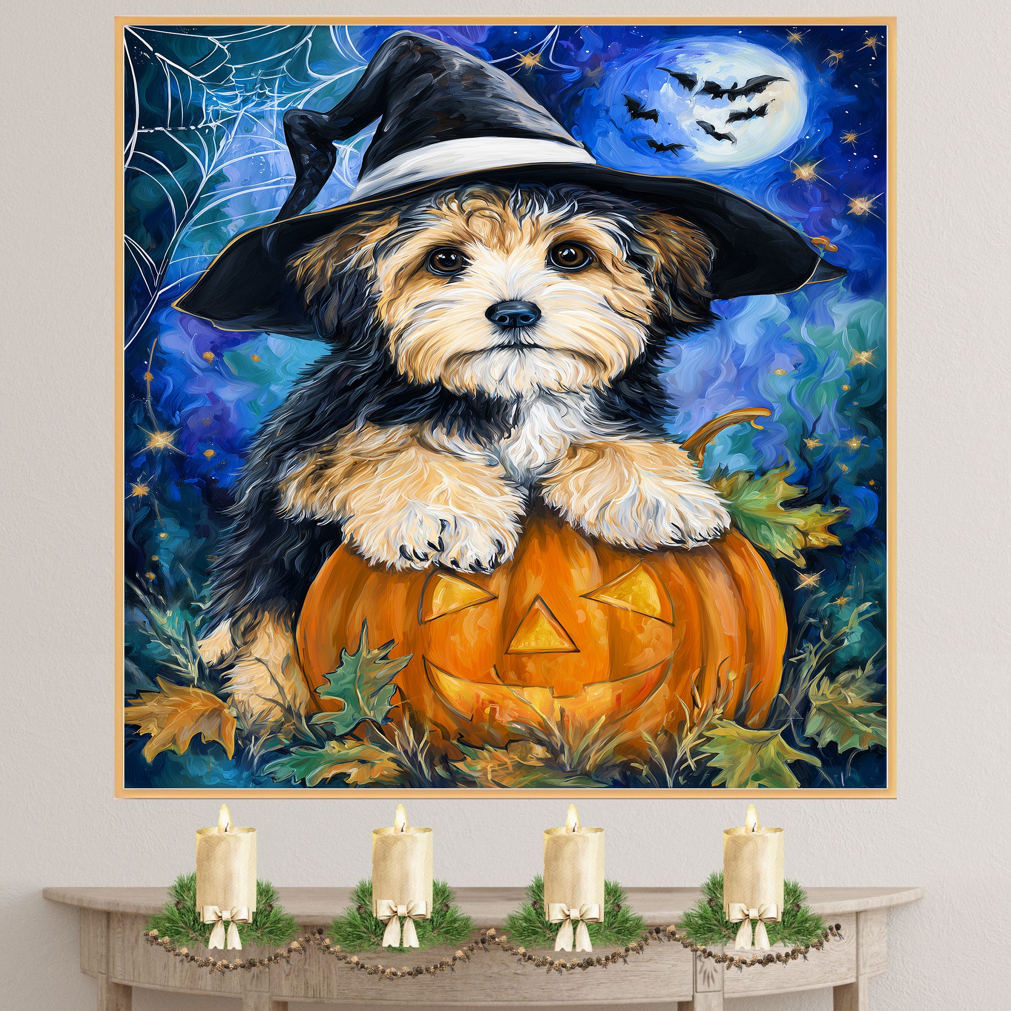 Havanese Dog Fall Thanksgiving Painting Gift for Fall Seasonal Home Decorations Canvas for Dog Lover on Ready to Hang 1.5" Thick Canvas Wrap, Floating Framed Canvas, Flat Rolled Canvas