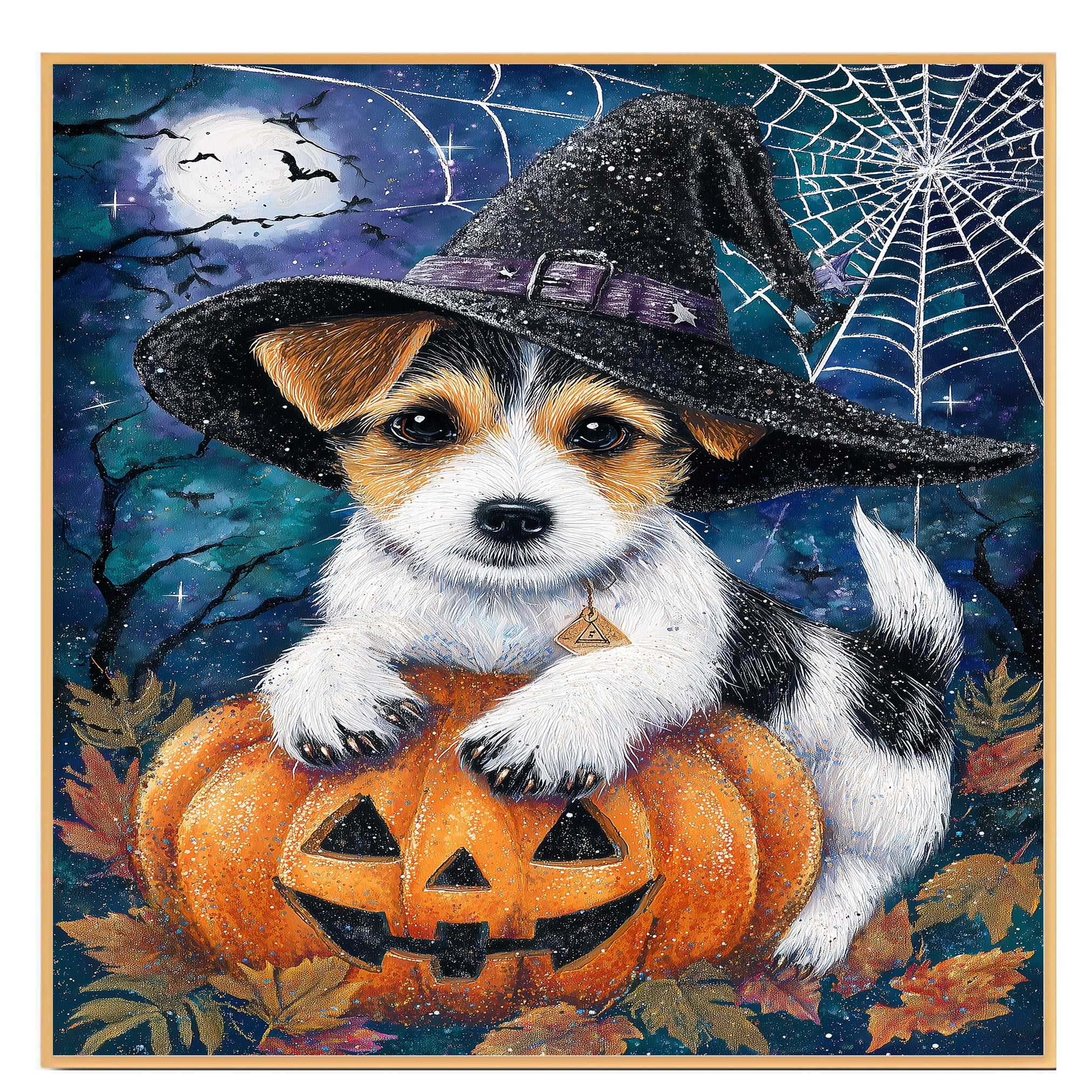 Halloween Jack Russell Puppy Wall Hanging for Autumn Leaf Harvest Dog Art Print for Backyard Décor on Ready to Hang 1.5" Thick Canvas Wrap, Floating Framed Canvas, Flat Rolled Canvas