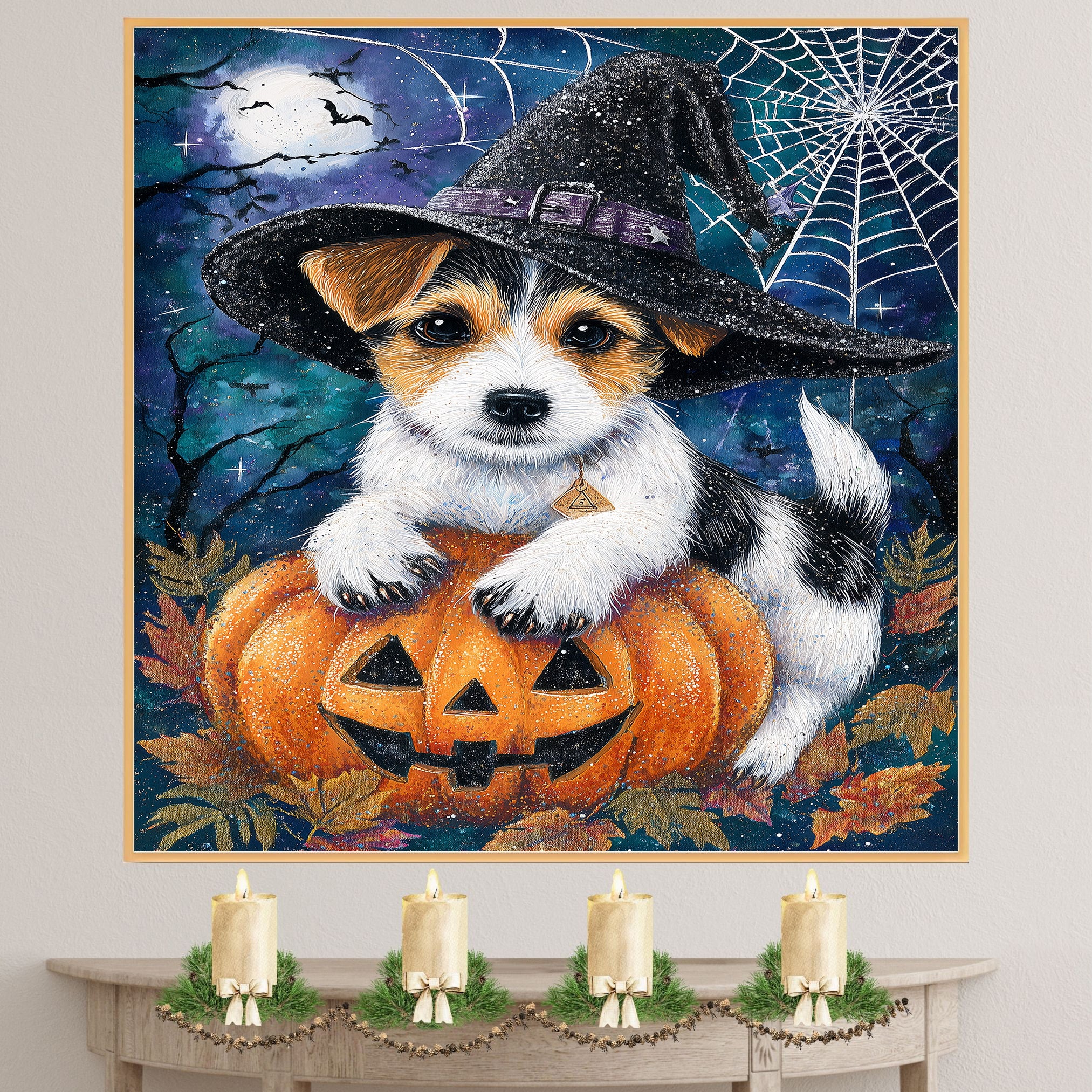 Halloween Jack Russell Puppy Wall Hanging for Autumn Leaf Harvest Dog Art Print for Backyard Décor on Ready to Hang 1.5" Thick Canvas Wrap, Floating Framed Canvas, Flat Rolled Canvas