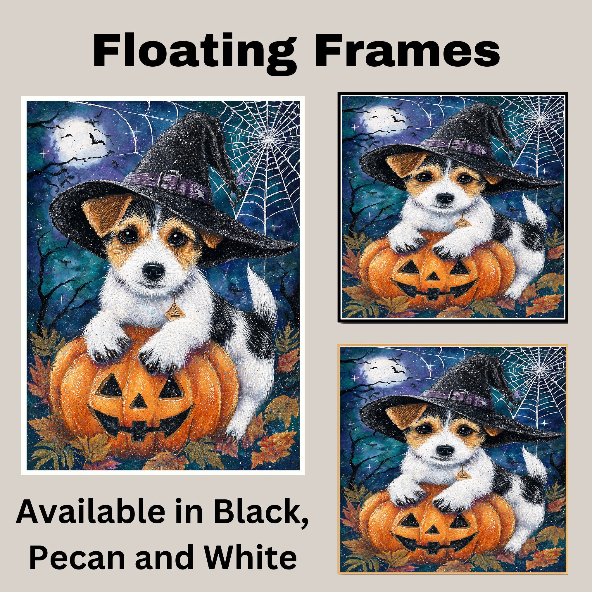 Halloween Jack Russell Puppy Wall Hanging for Autumn Leaf Harvest Dog Art Print for Backyard Décor on Ready to Hang 1.5" Thick Canvas Wrap, Floating Framed Canvas, Flat Rolled Canvas