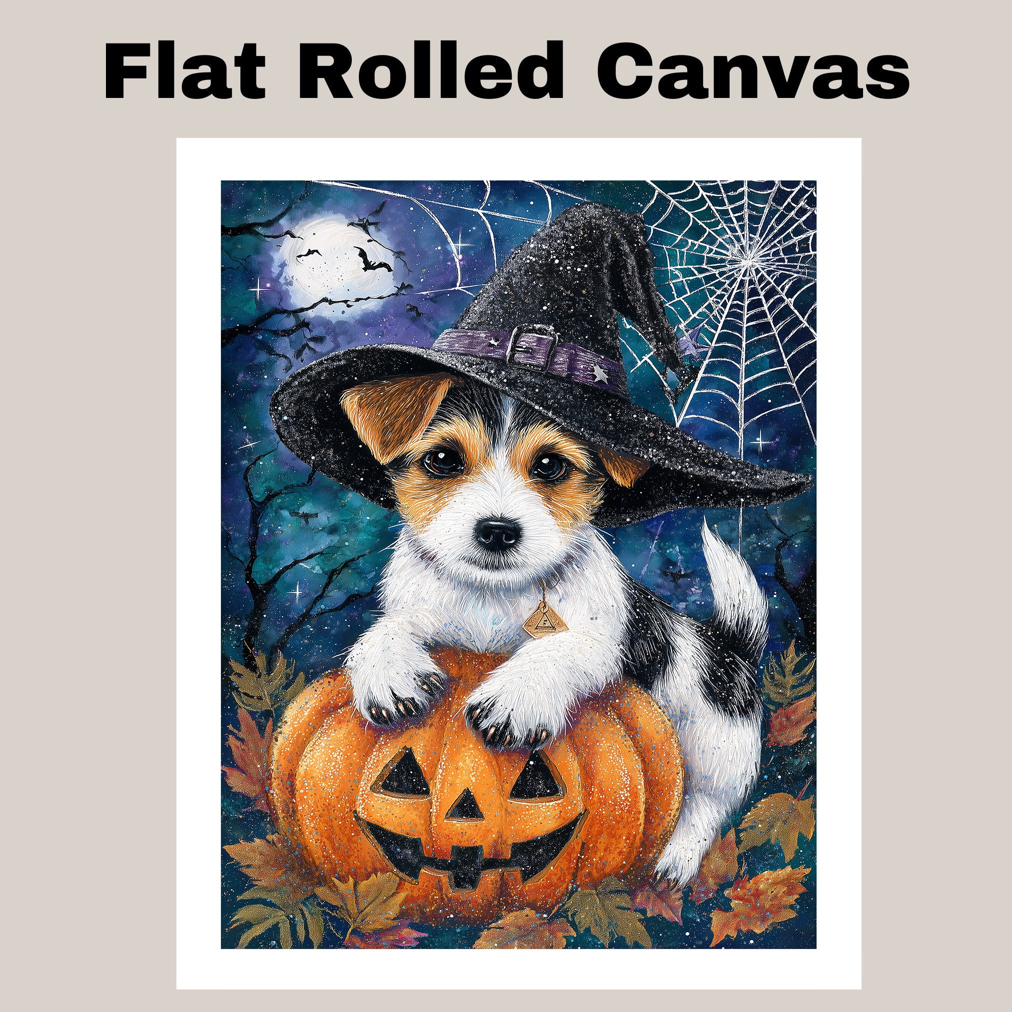 Halloween Jack Russell Puppy Wall Hanging for Autumn Leaf Harvest Dog Art Print for Backyard Décor on Ready to Hang 1.5" Thick Canvas Wrap, Floating Framed Canvas, Flat Rolled Canvas