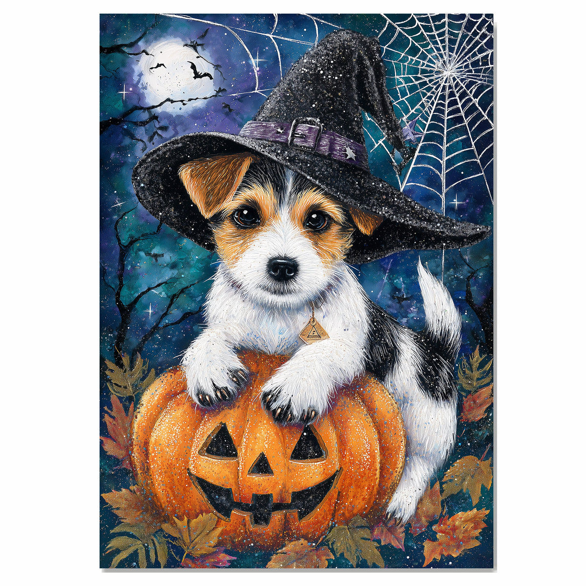 Halloween Jack Russell Puppy Wall Hanging for Autumn Leaf Harvest Dog Art Print for Backyard Décor on Ready to Hang 1.5" Thick Canvas Wrap, Floating Framed Canvas, Flat Rolled Canvas