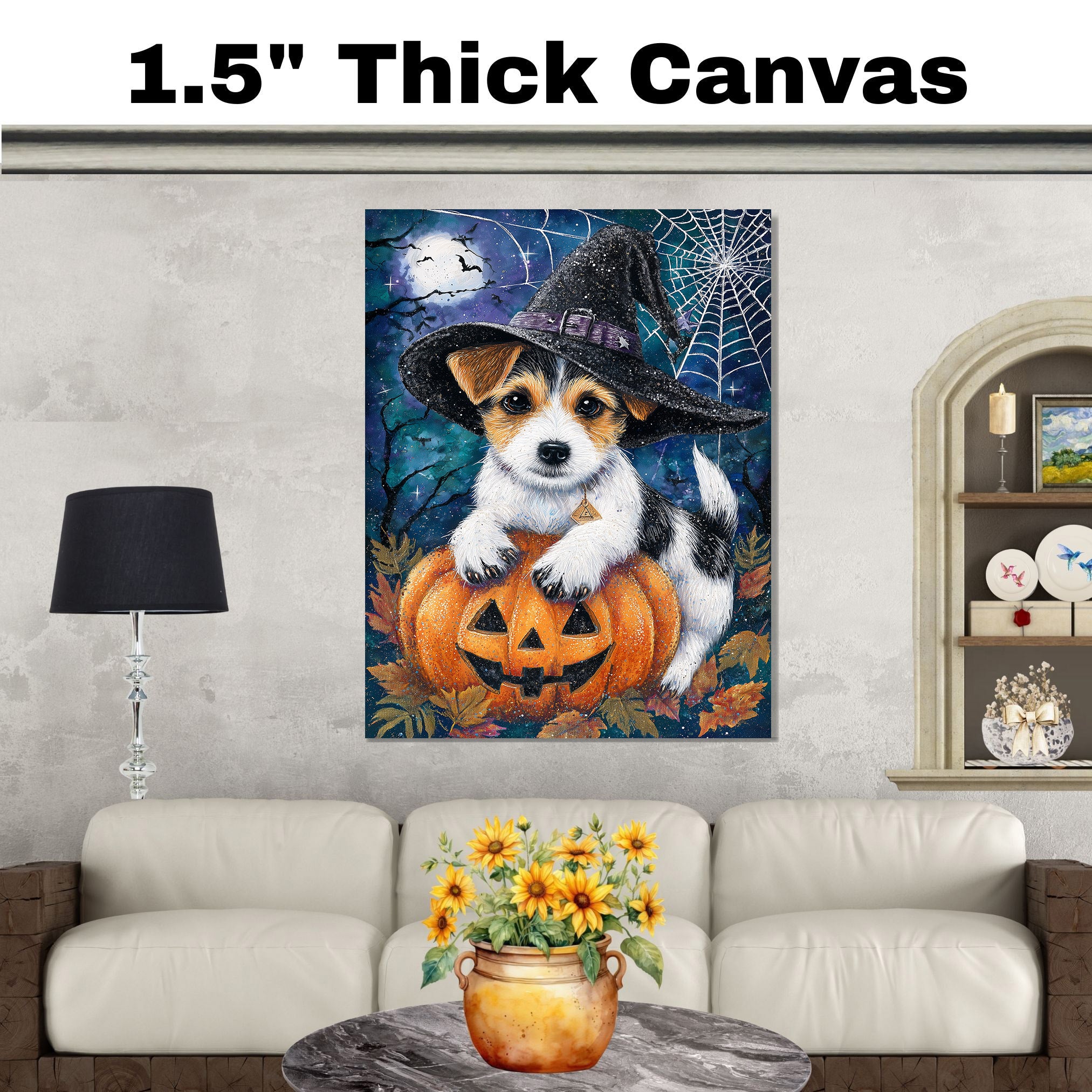Halloween Jack Russell Puppy Wall Hanging for Autumn Leaf Harvest Dog Art Print for Backyard Décor on Ready to Hang 1.5" Thick Canvas Wrap, Floating Framed Canvas, Flat Rolled Canvas