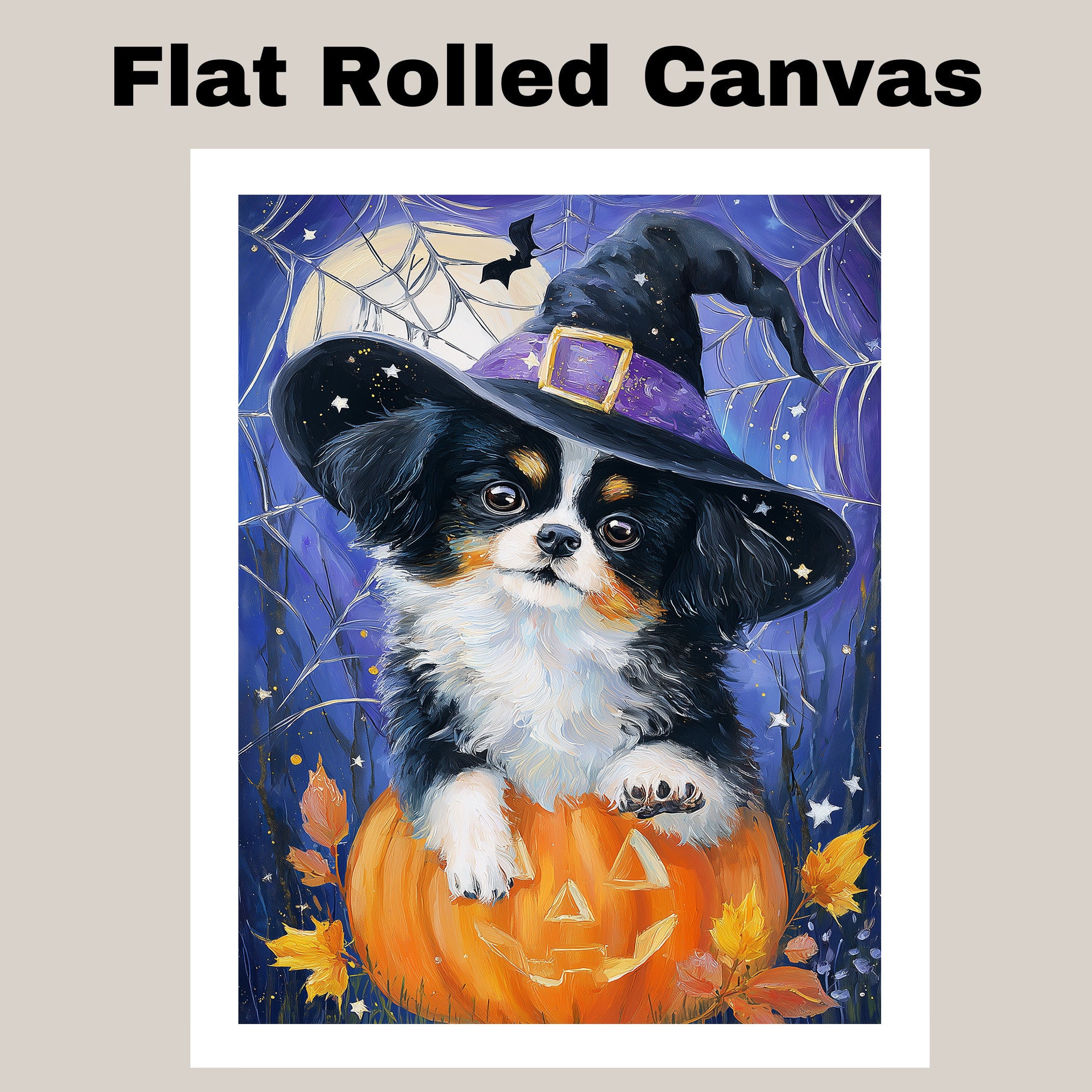 Halloween Japanese Chin Dog Painting Autumn Pumpkin Maple Leaves Prints Modern Artwork for Bathroom on Ready to Hang 1.5" Thick Canvas Wrap, Floating Framed Canvas, Flat Rolled Canvas