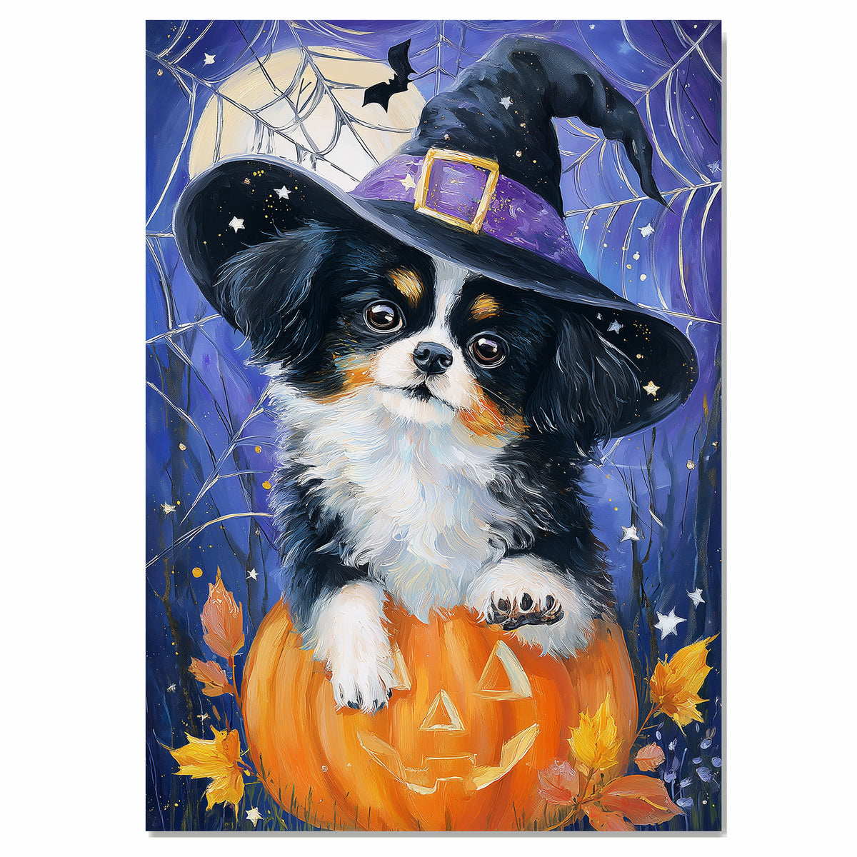 Halloween Japanese Chin Dog Painting Autumn Pumpkin Maple Leaves Prints Modern Artwork for Bathroom on Ready to Hang 1.5" Thick Canvas Wrap, Floating Framed Canvas, Flat Rolled Canvas