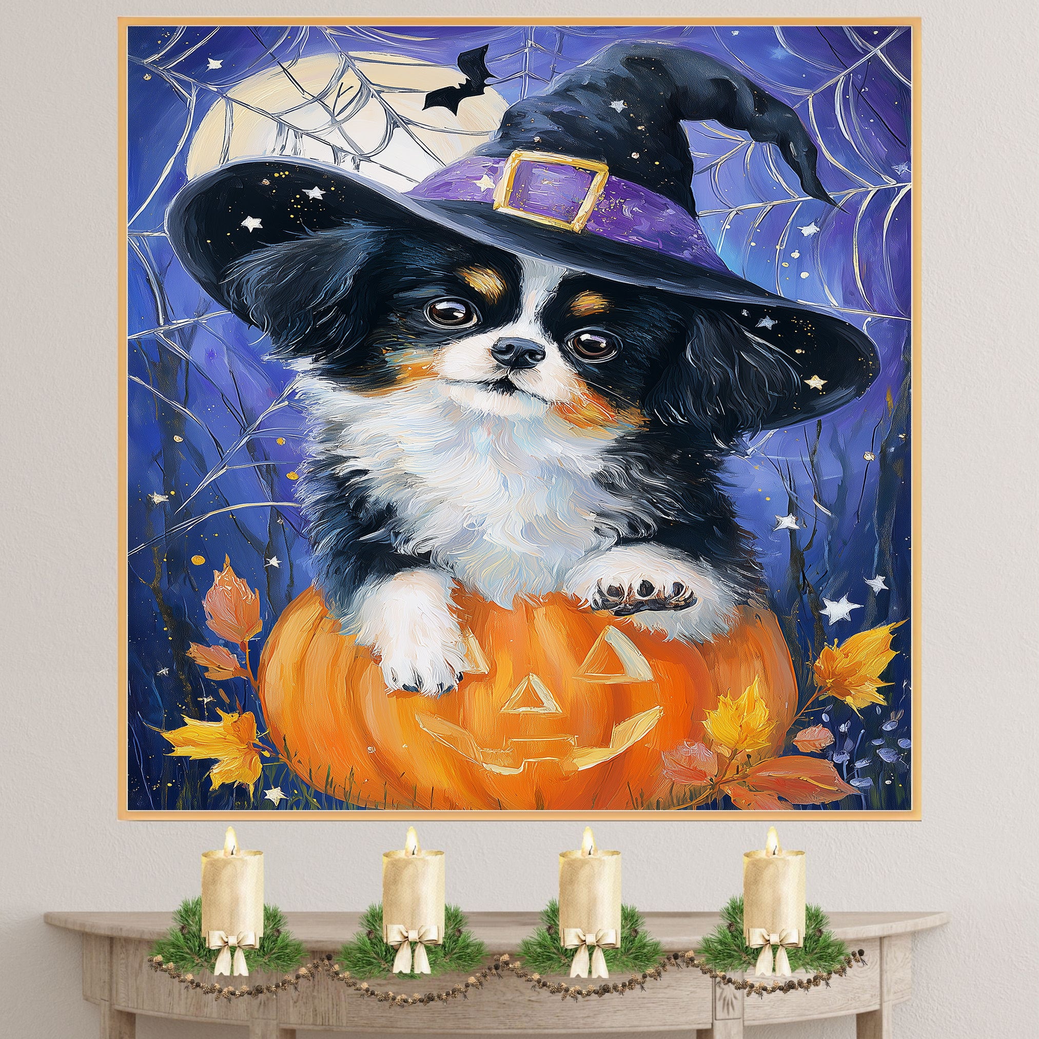 Halloween Japanese Chin Dog Painting Autumn Pumpkin Maple Leaves Prints Modern Artwork for Bathroom on Ready to Hang 1.5" Thick Canvas Wrap, Floating Framed Canvas, Flat Rolled Canvas