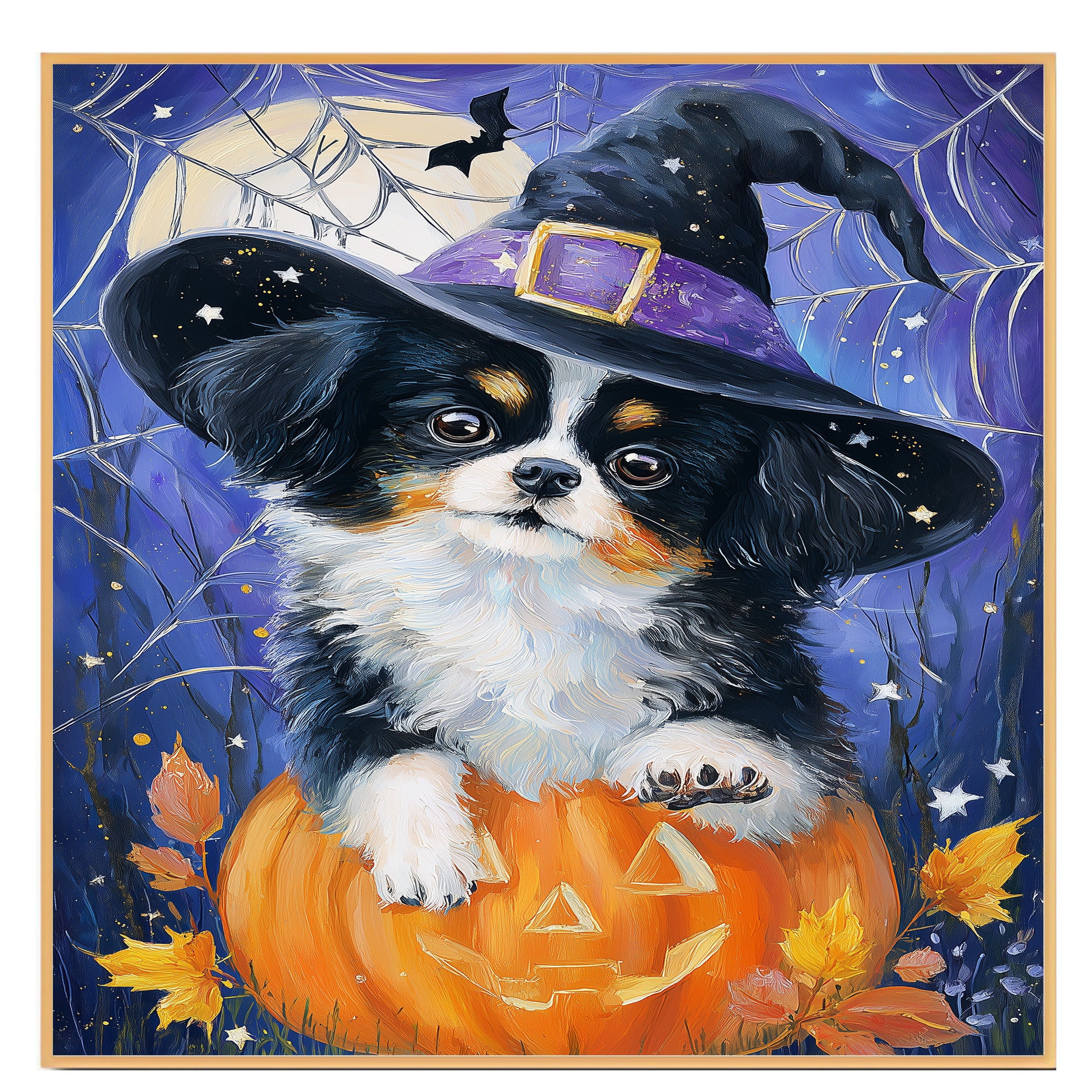 Halloween Japanese Chin Dog Painting Autumn Pumpkin Maple Leaves Prints Modern Artwork for Bathroom on Ready to Hang 1.5" Thick Canvas Wrap, Floating Framed Canvas, Flat Rolled Canvas