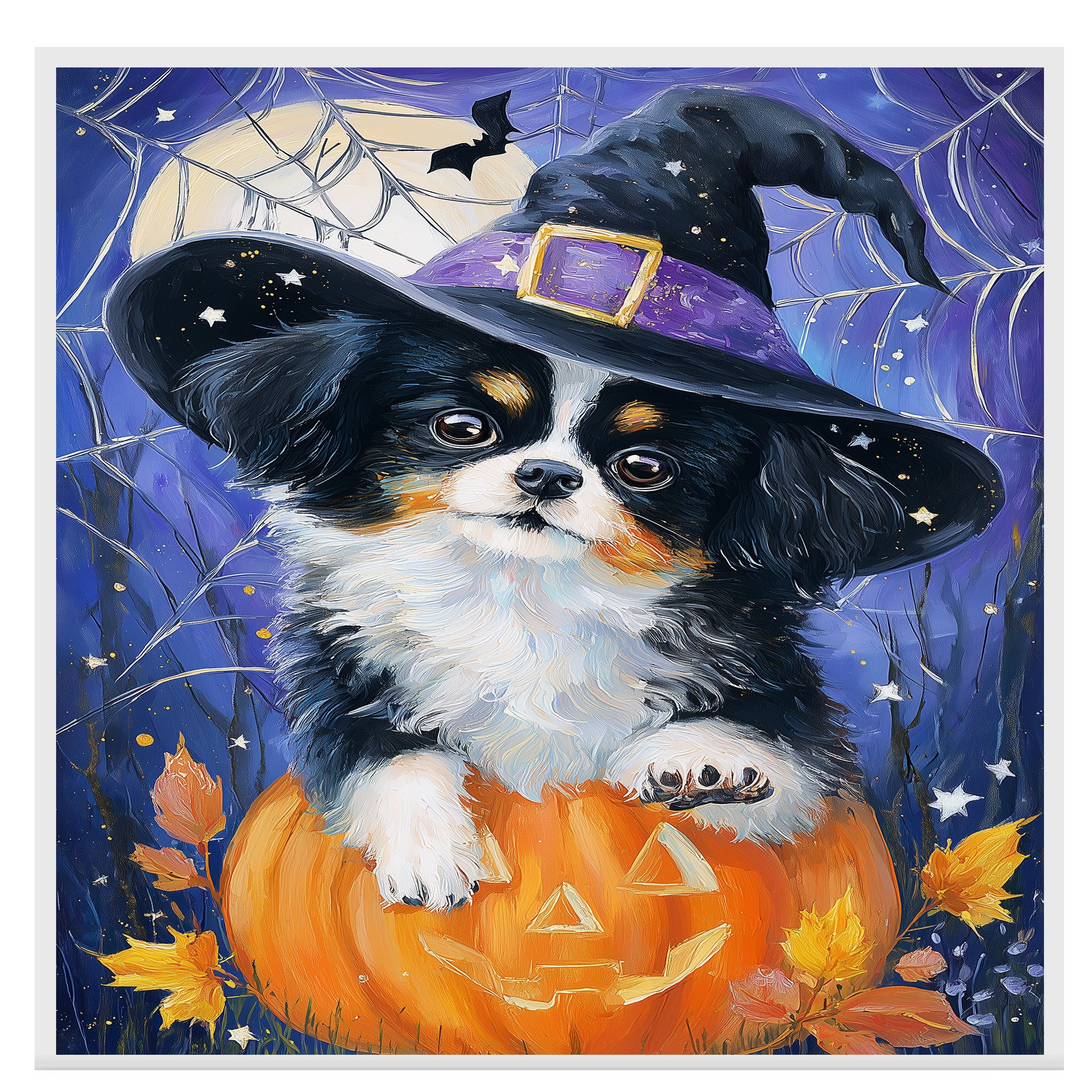 Halloween Japanese Chin Dog Painting Autumn Pumpkin Maple Leaves Prints Modern Artwork for Bathroom on Ready to Hang 1.5" Thick Canvas Wrap, Floating Framed Canvas, Flat Rolled Canvas