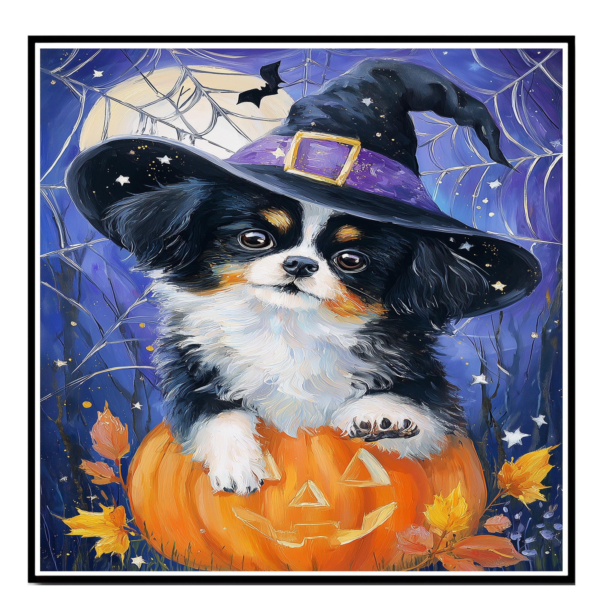 Halloween Japanese Chin Dog Painting Autumn Pumpkin Maple Leaves Prints Modern Artwork for Bathroom on Ready to Hang 1.5" Thick Canvas Wrap, Floating Framed Canvas, Flat Rolled Canvas
