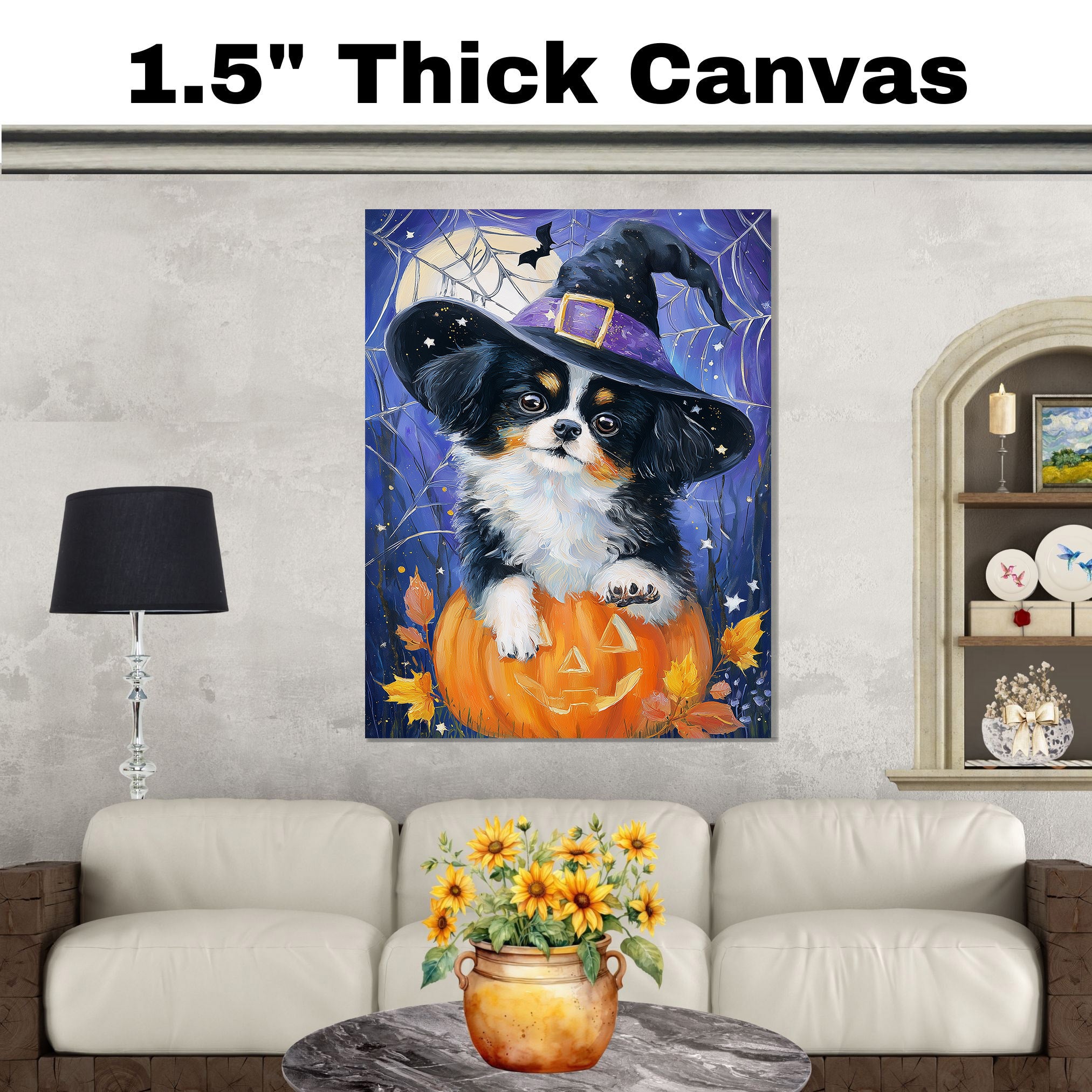 Halloween Japanese Chin Dog Painting Autumn Pumpkin Maple Leaves Prints Modern Artwork for Bathroom on Ready to Hang 1.5" Thick Canvas Wrap, Floating Framed Canvas, Flat Rolled Canvas
