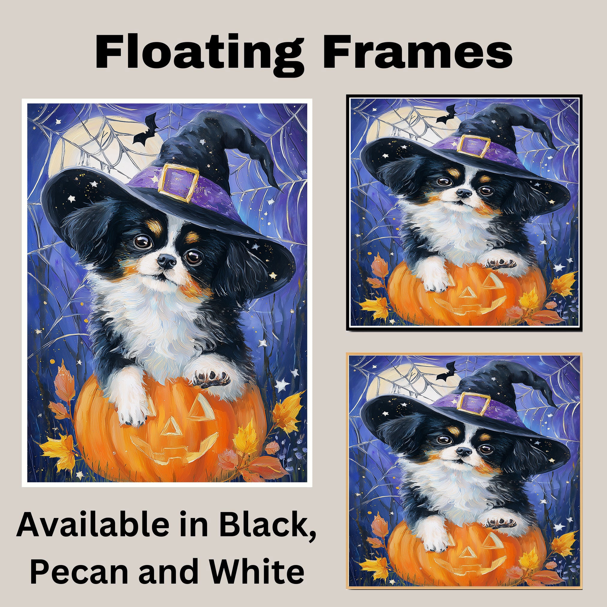 Halloween Japanese Chin Dog Painting Autumn Pumpkin Maple Leaves Prints Modern Artwork for Bathroom on Ready to Hang 1.5" Thick Canvas Wrap, Floating Framed Canvas, Flat Rolled Canvas