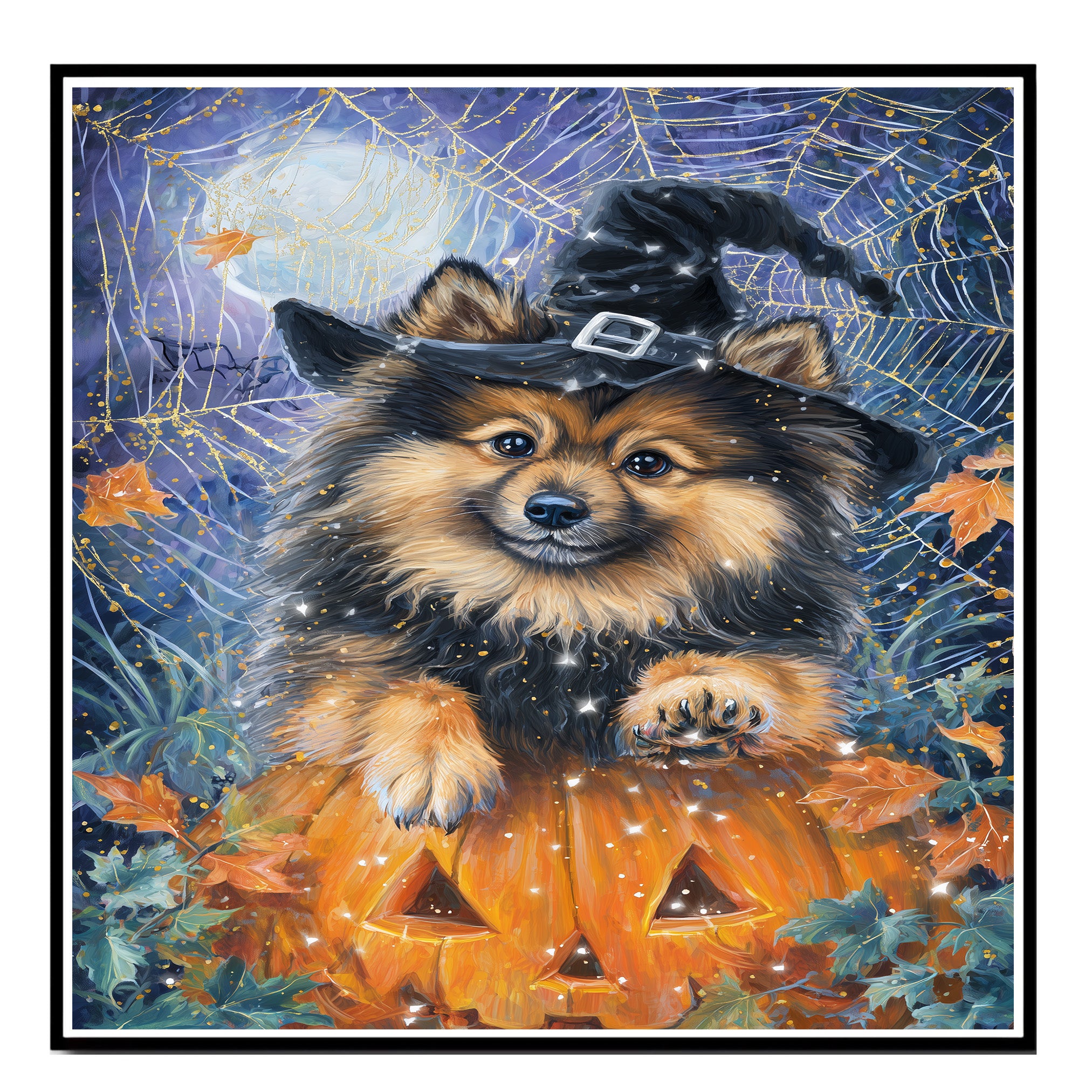 Halloween Keeshond Puppy Canvas Wall Art with Witch Hat Dog Print for Home Décor and Pet Lovers on Ready to Hang 1.5" Thick Canvas Wrap, Floating Framed Canvas, Flat Rolled Canvas