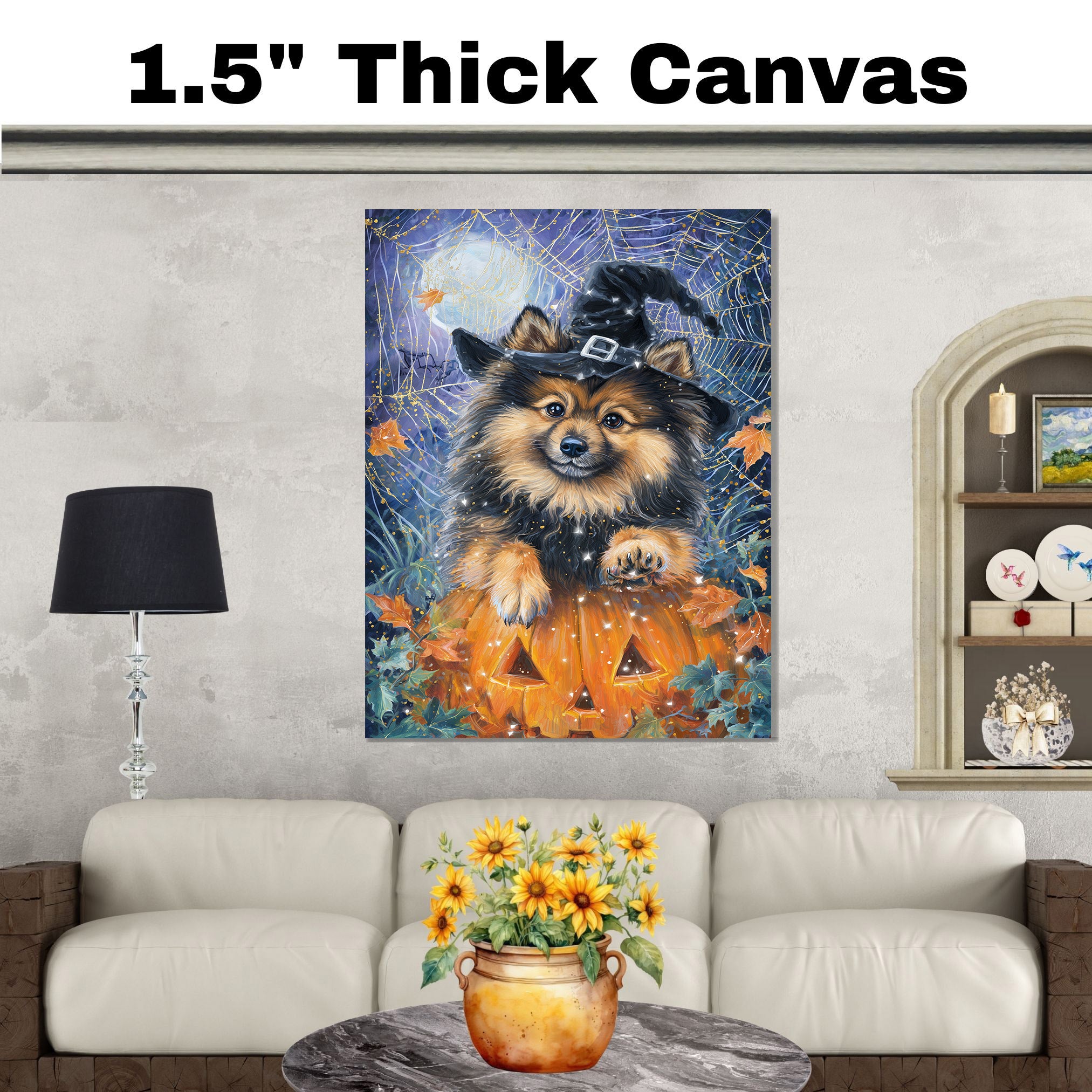 Halloween Keeshond Puppy Canvas Wall Art with Witch Hat Dog Print for Home Décor and Pet Lovers on Ready to Hang 1.5" Thick Canvas Wrap, Floating Framed Canvas, Flat Rolled Canvas