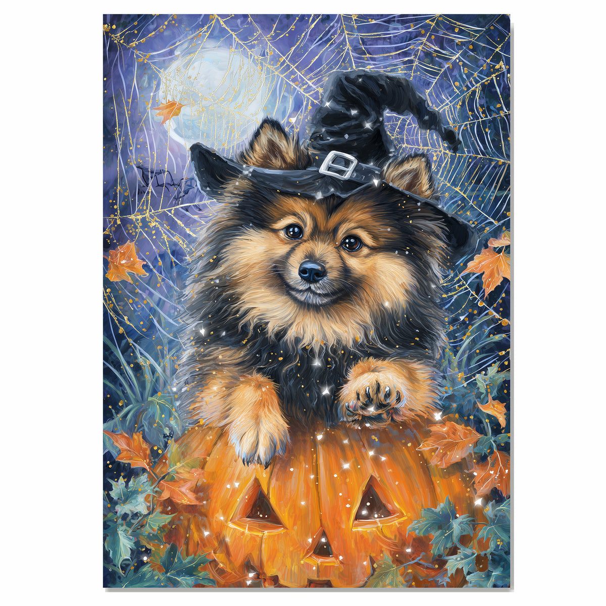 Halloween Keeshond Puppy Canvas Wall Art with Witch Hat Dog Print for Home Décor and Pet Lovers on Ready to Hang 1.5" Thick Canvas Wrap, Floating Framed Canvas, Flat Rolled Canvas