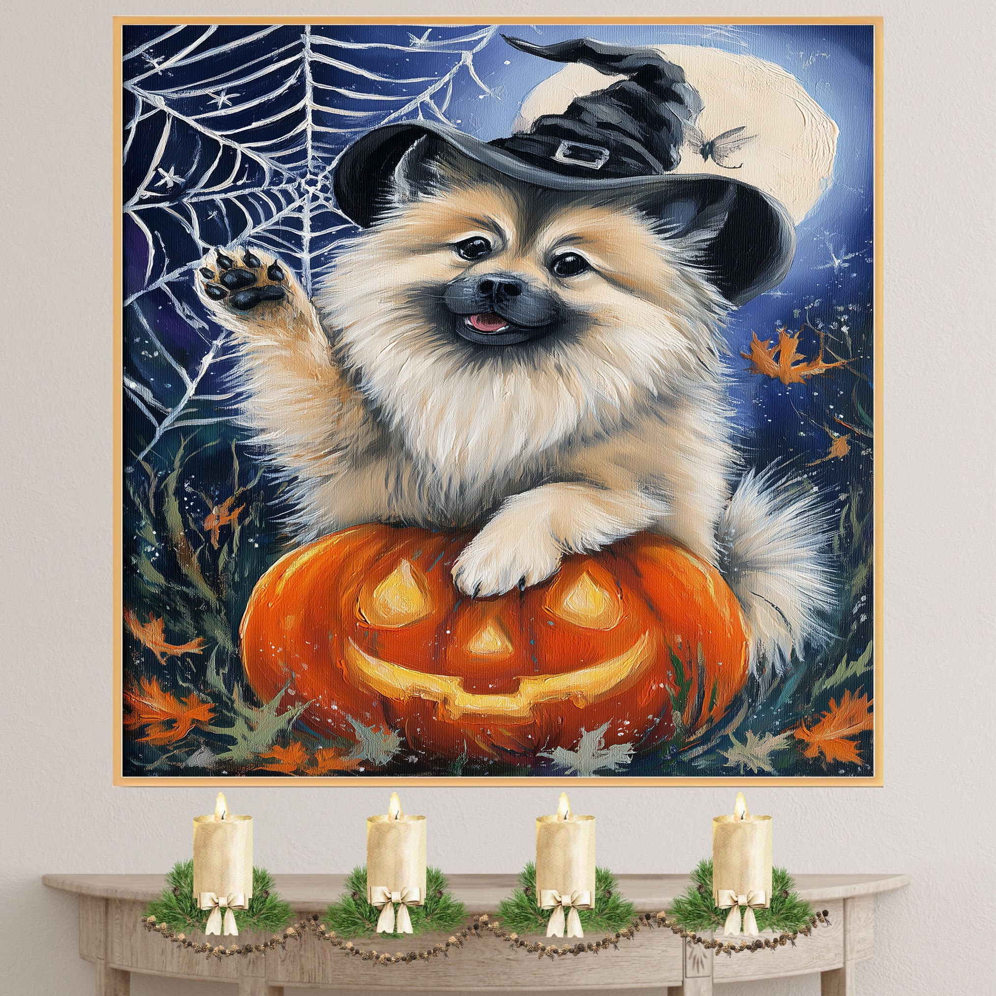 Halloween Keeshond Dog Autumn Thanksgiving Pumpkin Canvas Wall Art for Living Room Artwork for Bedroom on Ready to Hang 1.5" Thick Canvas Wrap, Floating Framed Canvas, Flat Rolled Canvas