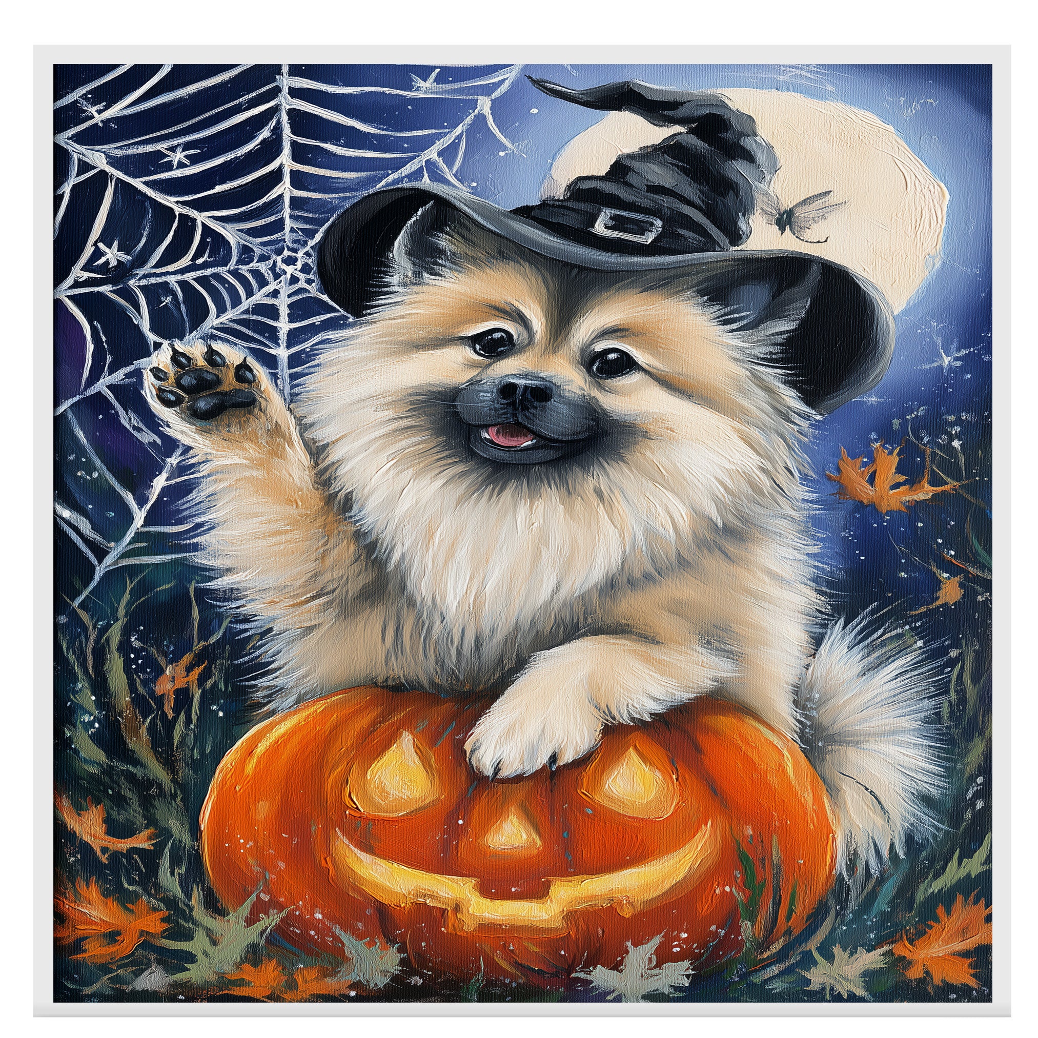 Halloween Keeshond Dog Autumn Thanksgiving Pumpkin Canvas Wall Art for Living Room Artwork for Bedroom on Ready to Hang 1.5" Thick Canvas Wrap, Floating Framed Canvas, Flat Rolled Canvas