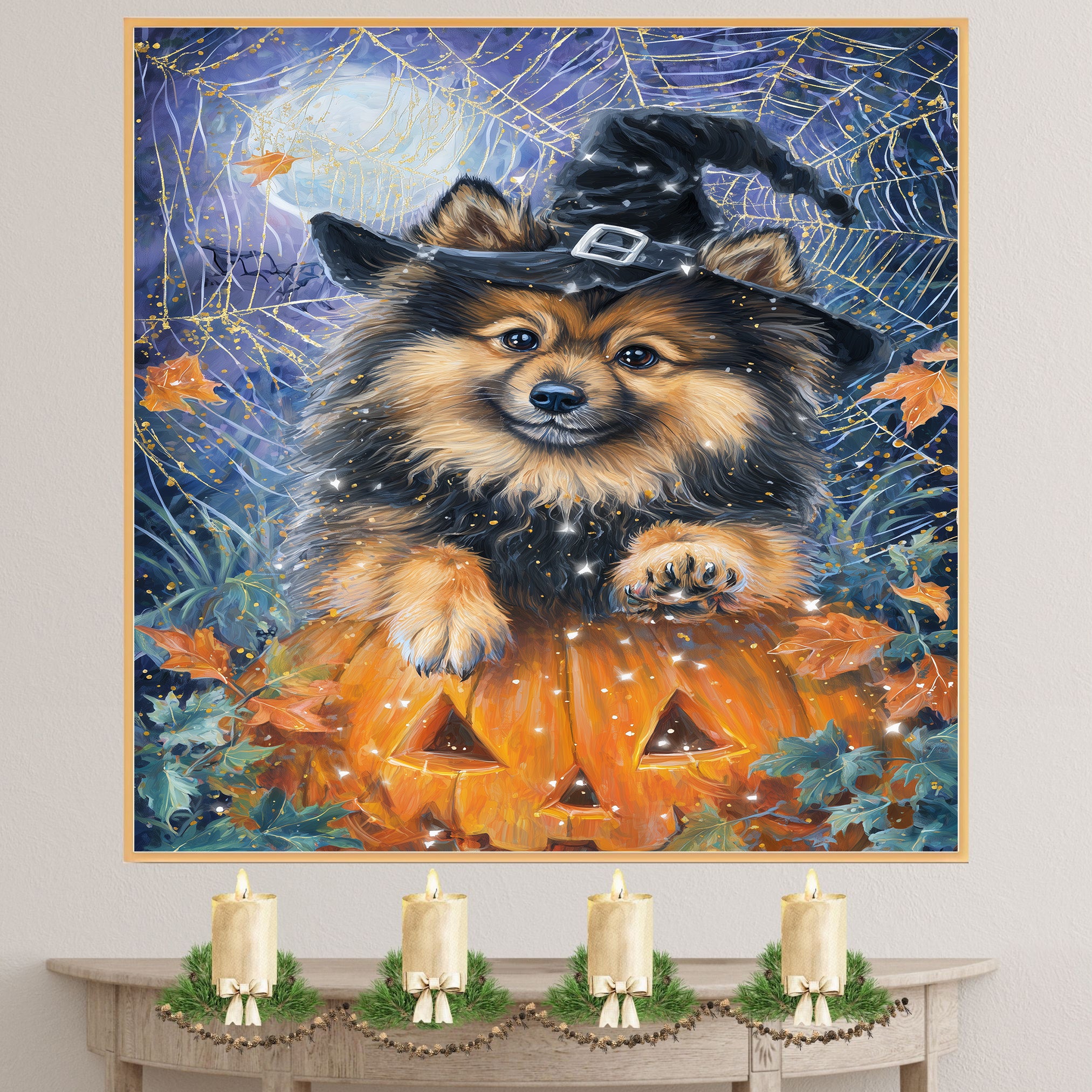 Halloween Keeshond Puppy Canvas Wall Art with Witch Hat Dog Print for Home Décor and Pet Lovers on Ready to Hang 1.5" Thick Canvas Wrap, Floating Framed Canvas, Flat Rolled Canvas