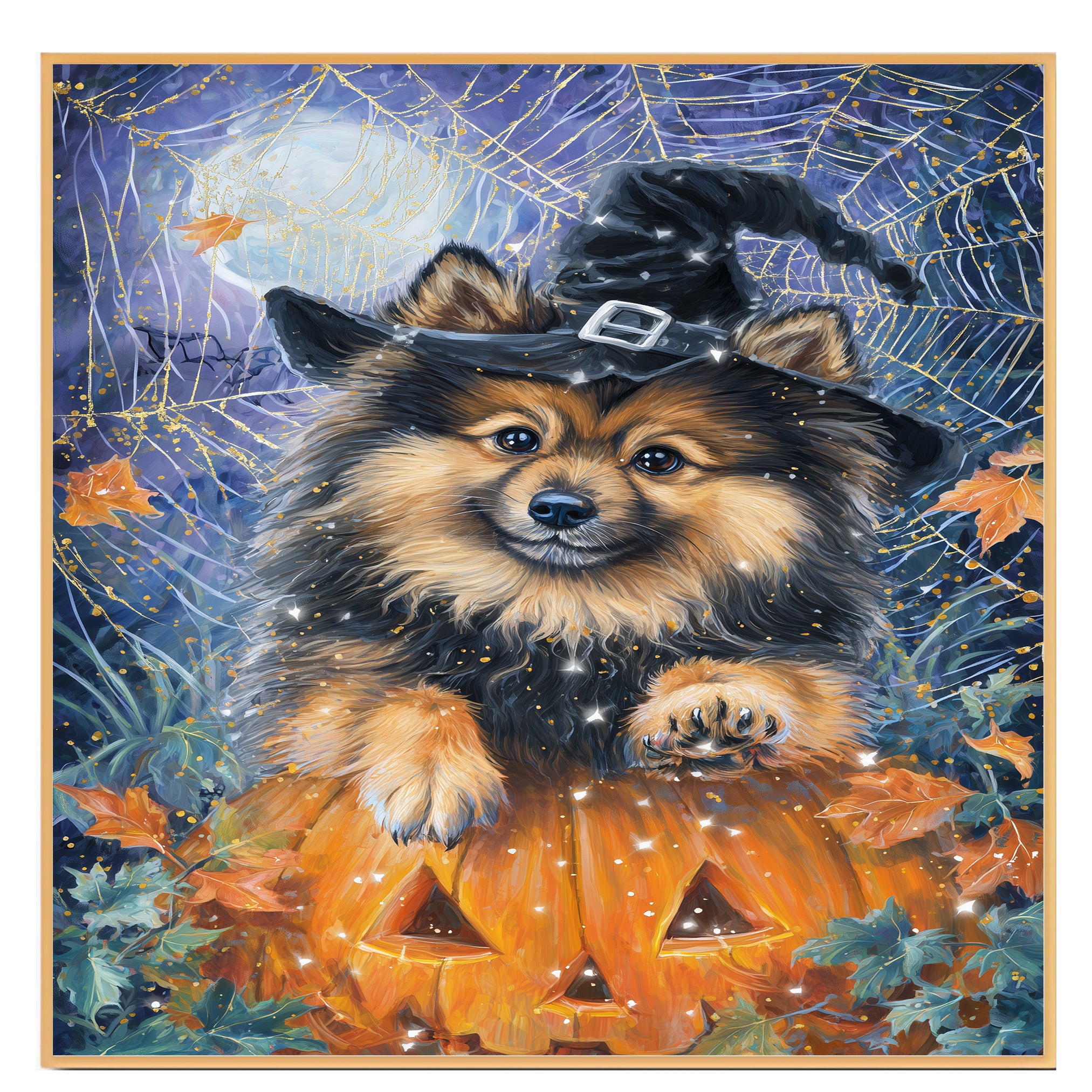 Halloween Keeshond Puppy Canvas Wall Art with Witch Hat Dog Print for Home Décor and Pet Lovers on Ready to Hang 1.5" Thick Canvas Wrap, Floating Framed Canvas, Flat Rolled Canvas
