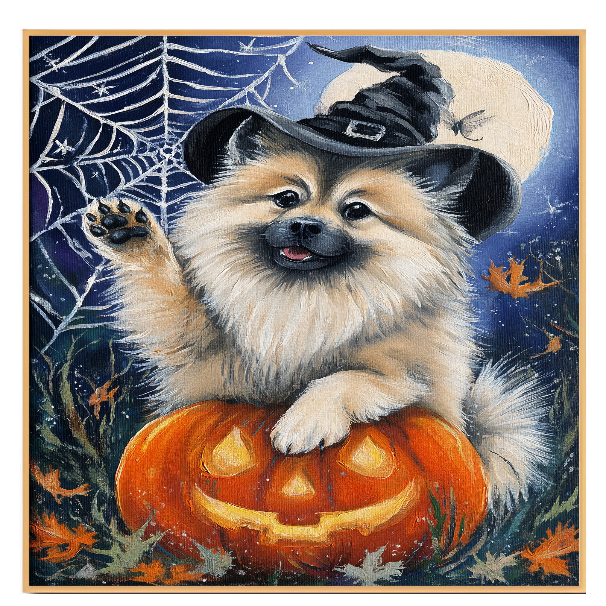 Halloween Keeshond Dog Autumn Thanksgiving Pumpkin Canvas Wall Art for Living Room Artwork for Bedroom on Ready to Hang 1.5" Thick Canvas Wrap, Floating Framed Canvas, Flat Rolled Canvas