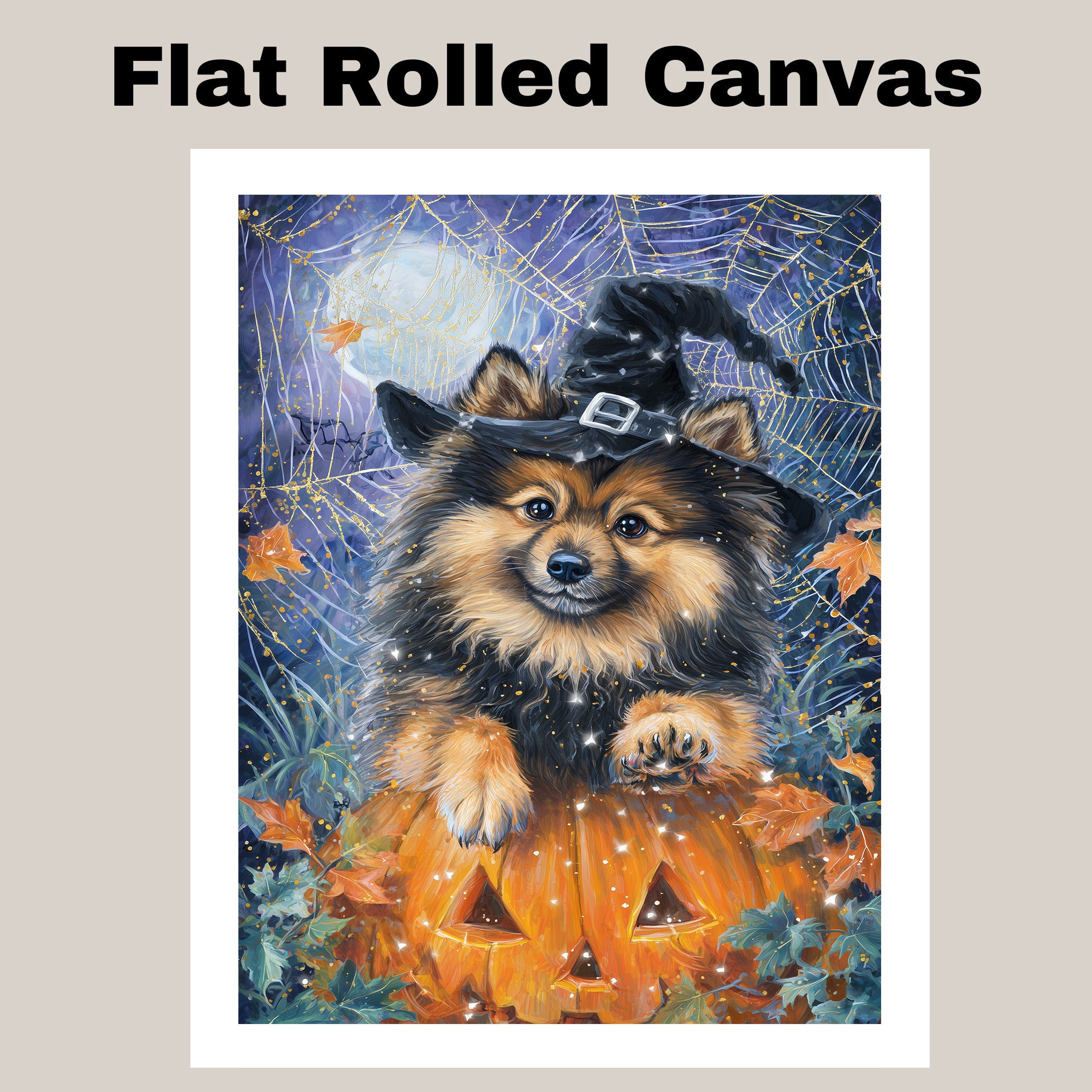 Halloween Keeshond Puppy Canvas Wall Art with Witch Hat Dog Print for Home Décor and Pet Lovers on Ready to Hang 1.5" Thick Canvas Wrap, Floating Framed Canvas, Flat Rolled Canvas