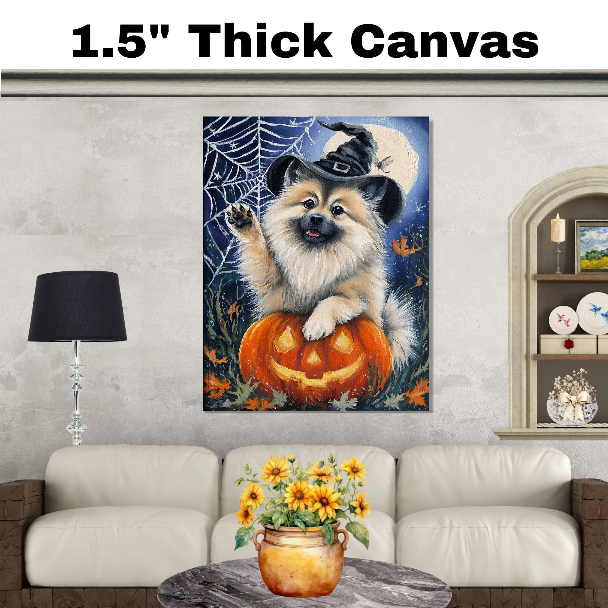 Halloween Keeshond Dog Autumn Thanksgiving Pumpkin Canvas Wall Art for Living Room Artwork for Bedroom on Ready to Hang 1.5" Thick Canvas Wrap, Floating Framed Canvas, Flat Rolled Canvas