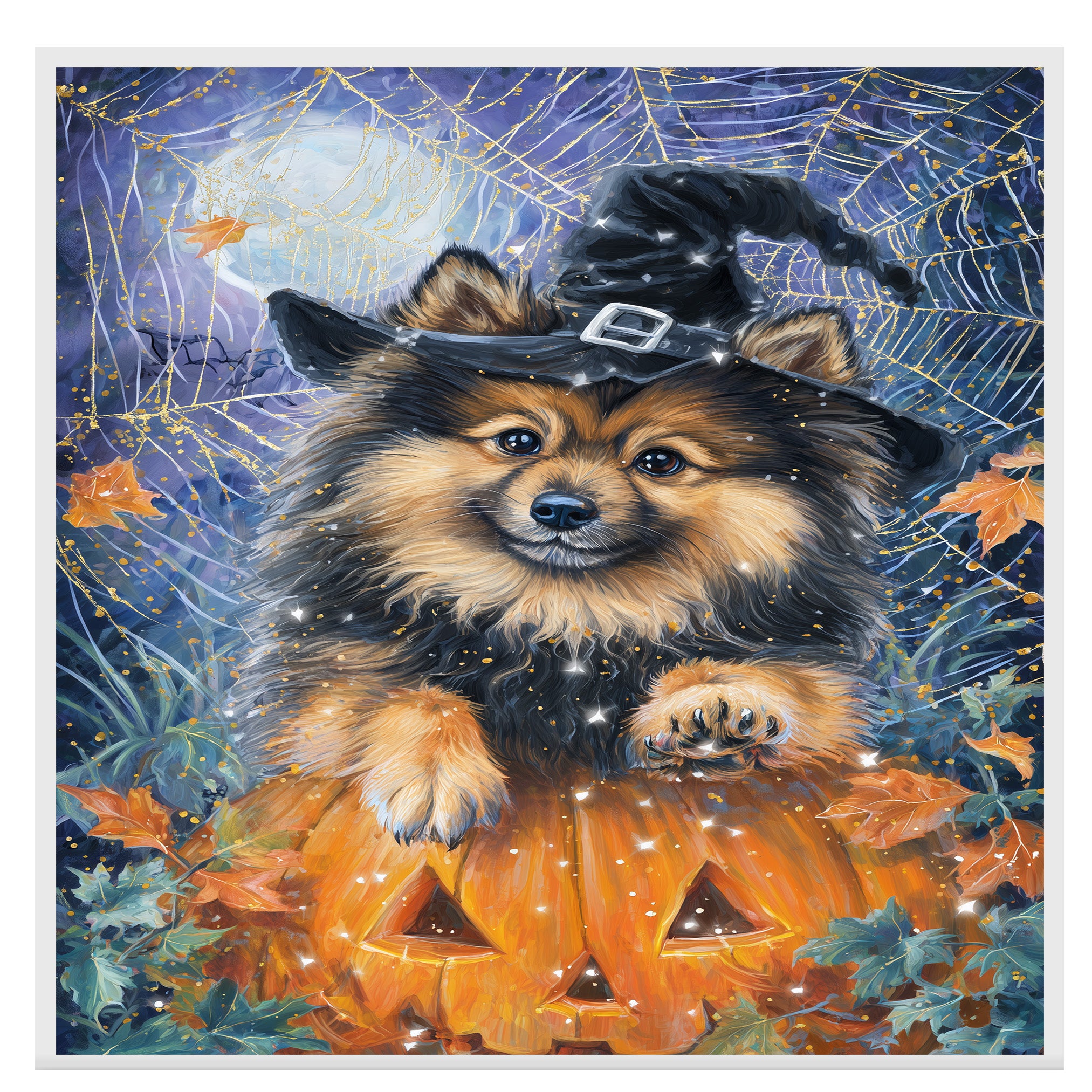 Halloween Keeshond Puppy Canvas Wall Art with Witch Hat Dog Print for Home Décor and Pet Lovers on Ready to Hang 1.5" Thick Canvas Wrap, Floating Framed Canvas, Flat Rolled Canvas