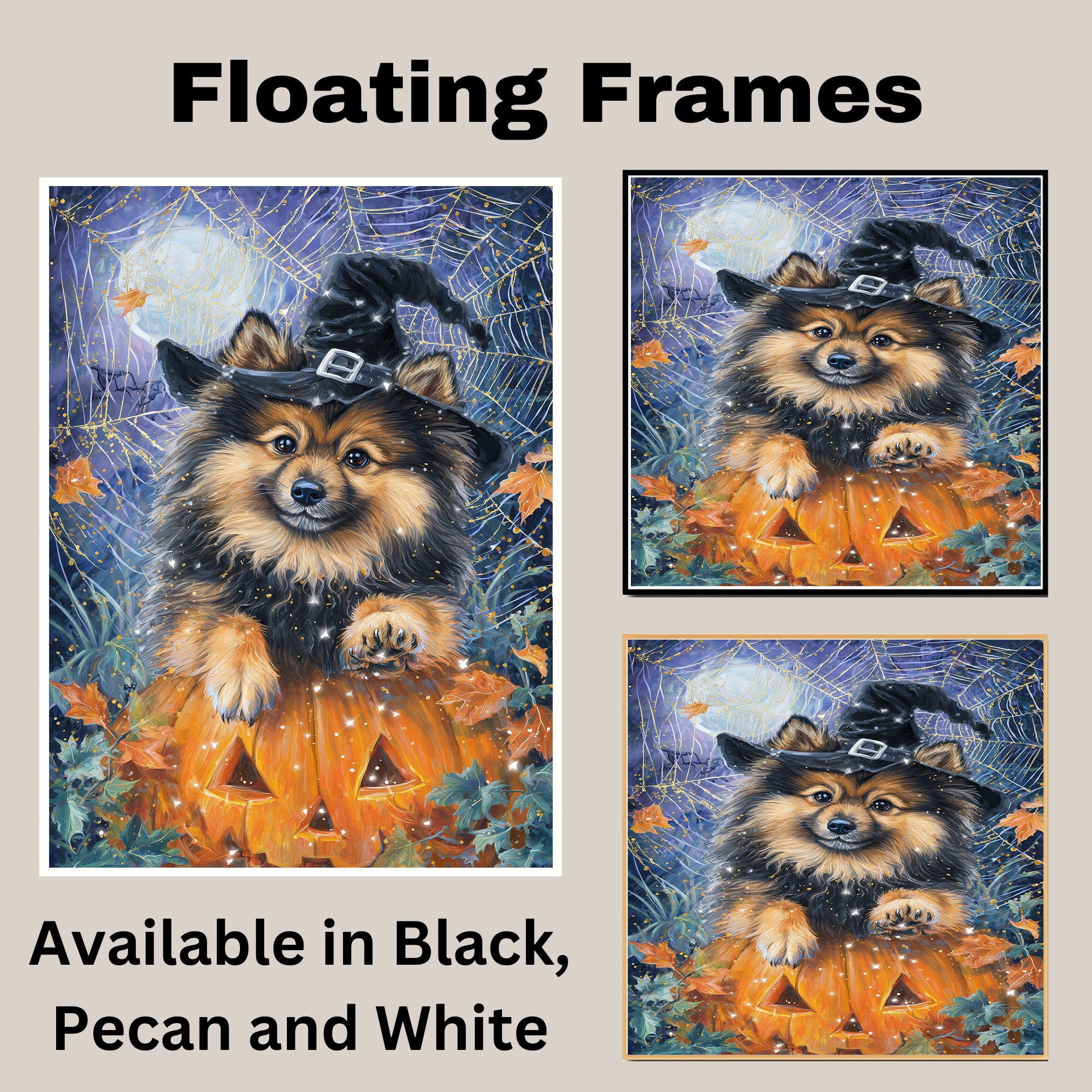 Halloween Keeshond Puppy Canvas Wall Art with Witch Hat Dog Print for Home Décor and Pet Lovers on Ready to Hang 1.5" Thick Canvas Wrap, Floating Framed Canvas, Flat Rolled Canvas