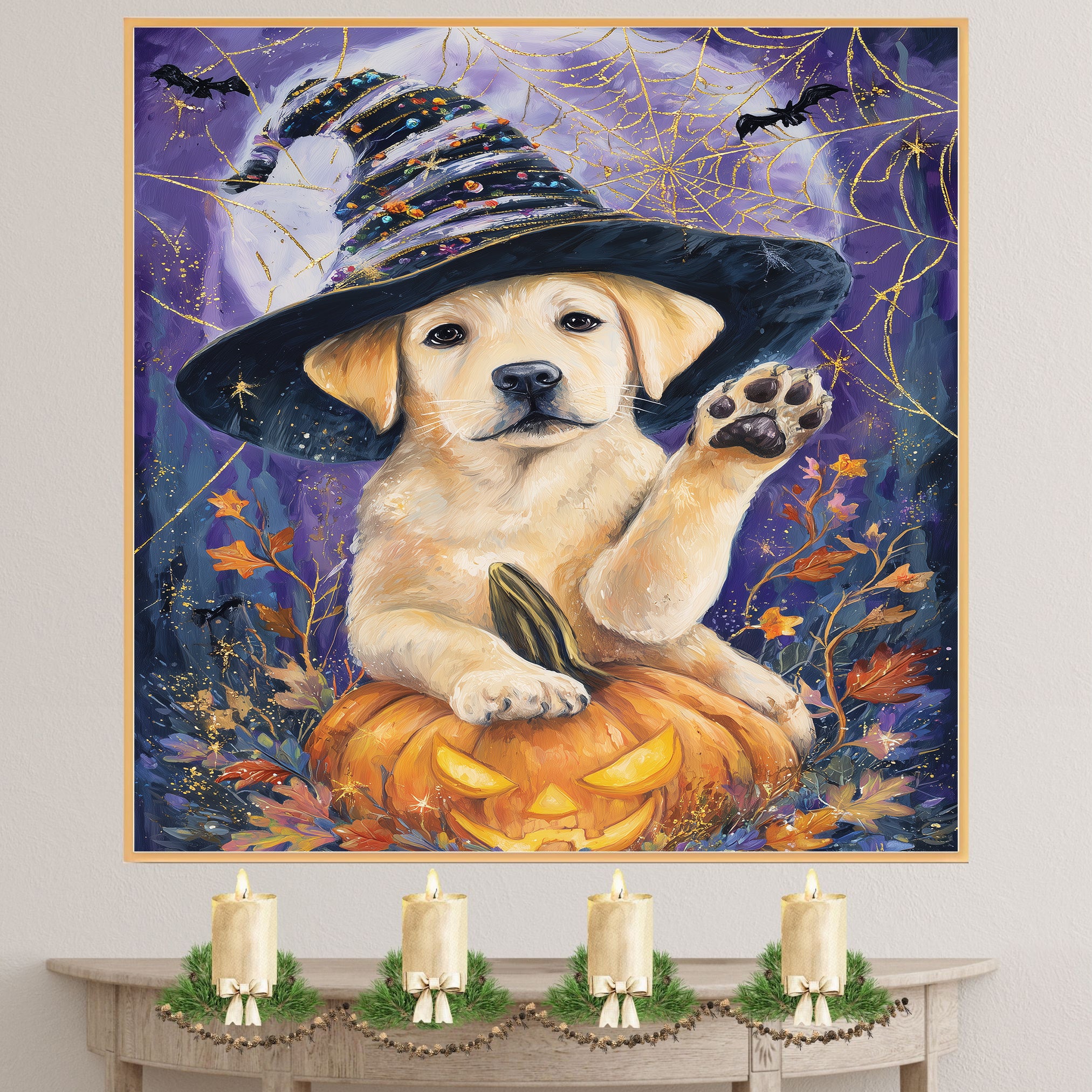 Halloween Labrador Dog Autumn Farmhouse Wall Art Pumpkin Canvas Painting Picture Home Wall Décor on Ready to Hang 1.5" Thick Canvas Wrap, Floating Framed Canvas, Flat Rolled Canvas