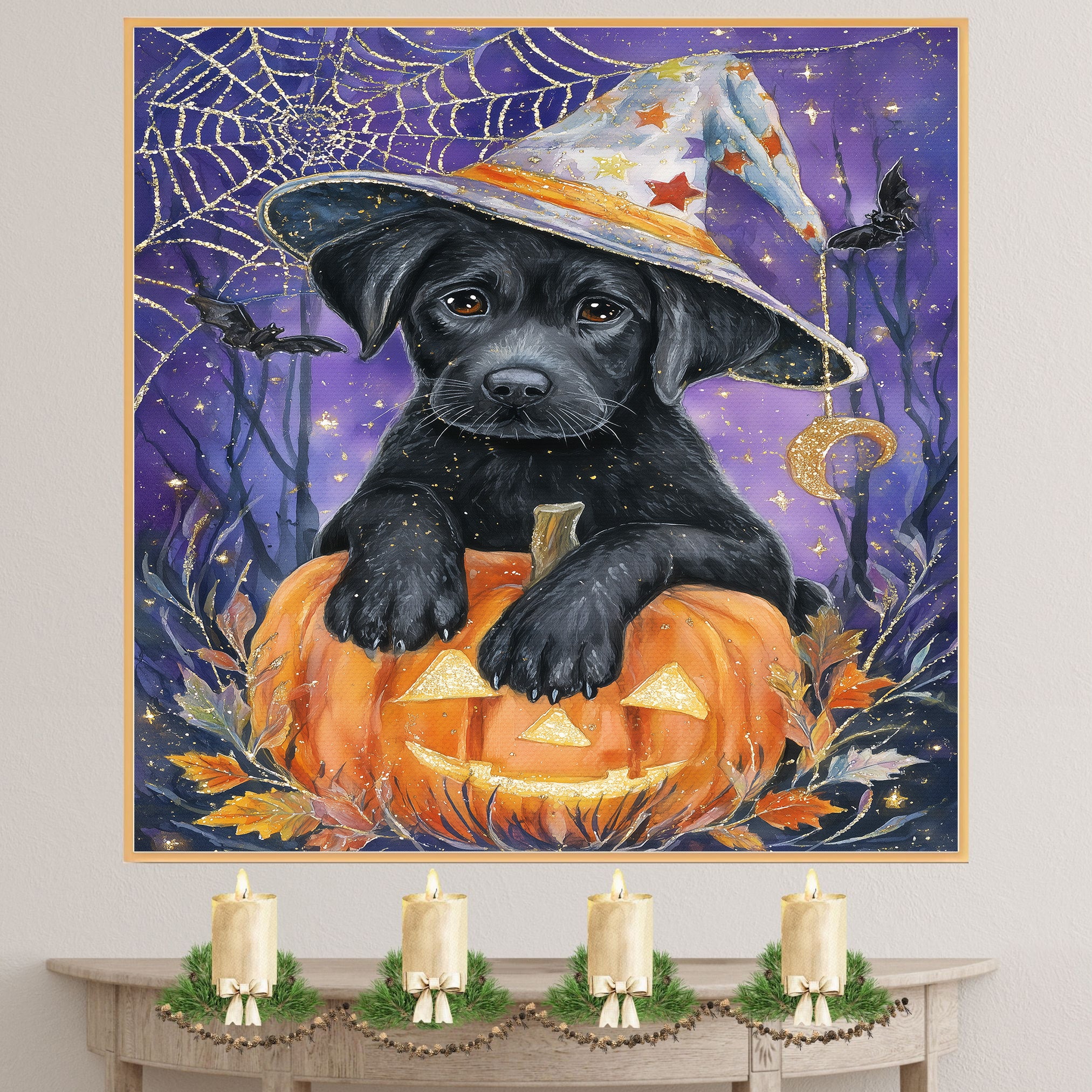 Halloween Black Labrador Pumpkins Canvas Print Maple Leaves Wall Décor for Pet Lovers Indoor Decorations on Ready to Hang 1.5" Thick Canvas Wrap, Floating Framed Canvas, Flat Rolled Canvas