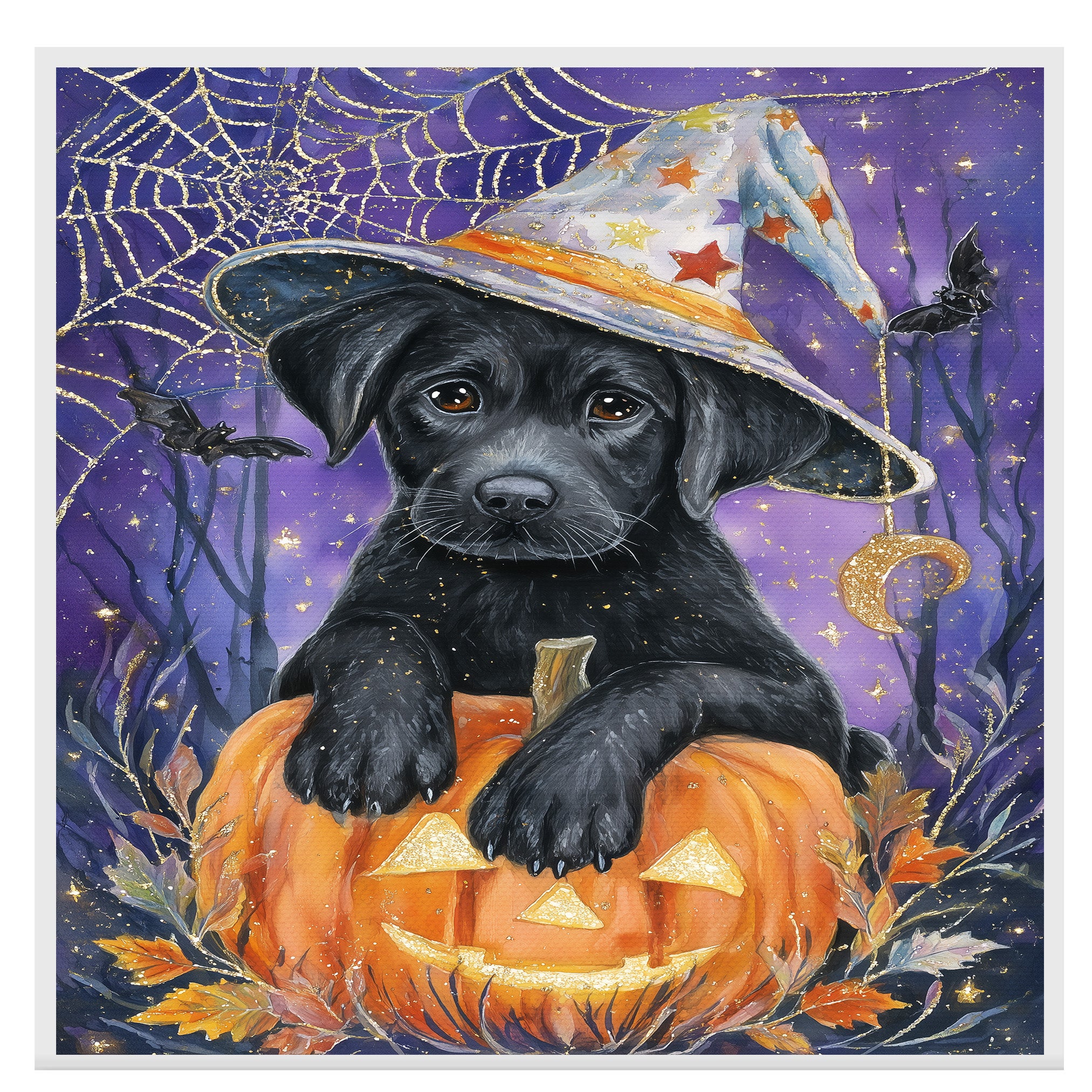 Halloween Black Labrador Pumpkins Canvas Print Maple Leaves Wall Décor for Pet Lovers Indoor Decorations on Ready to Hang 1.5" Thick Canvas Wrap, Floating Framed Canvas, Flat Rolled Canvas