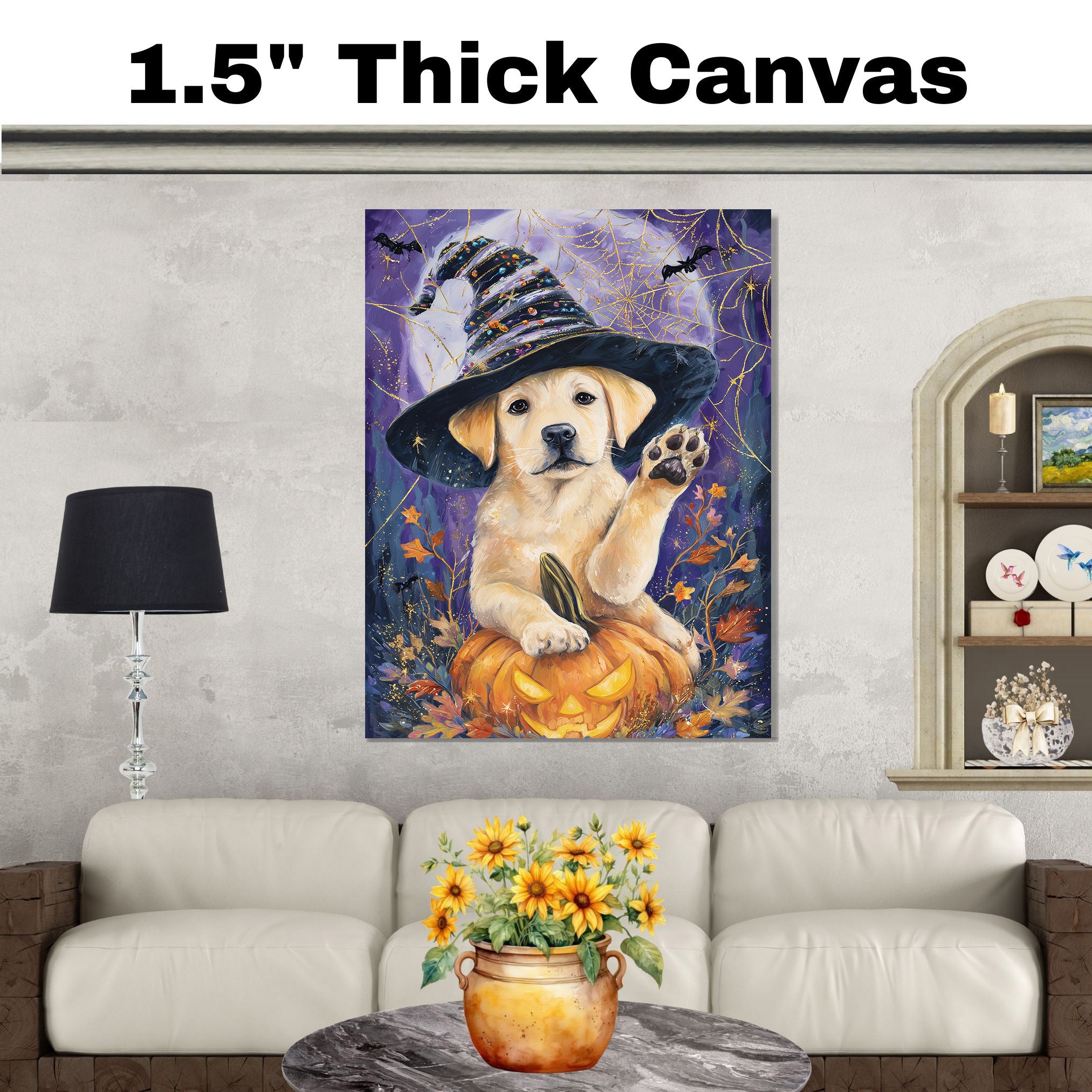 Halloween Labrador Dog Autumn Farmhouse Wall Art Pumpkin Canvas Painting Picture Home Wall Décor on Ready to Hang 1.5" Thick Canvas Wrap, Floating Framed Canvas, Flat Rolled Canvas