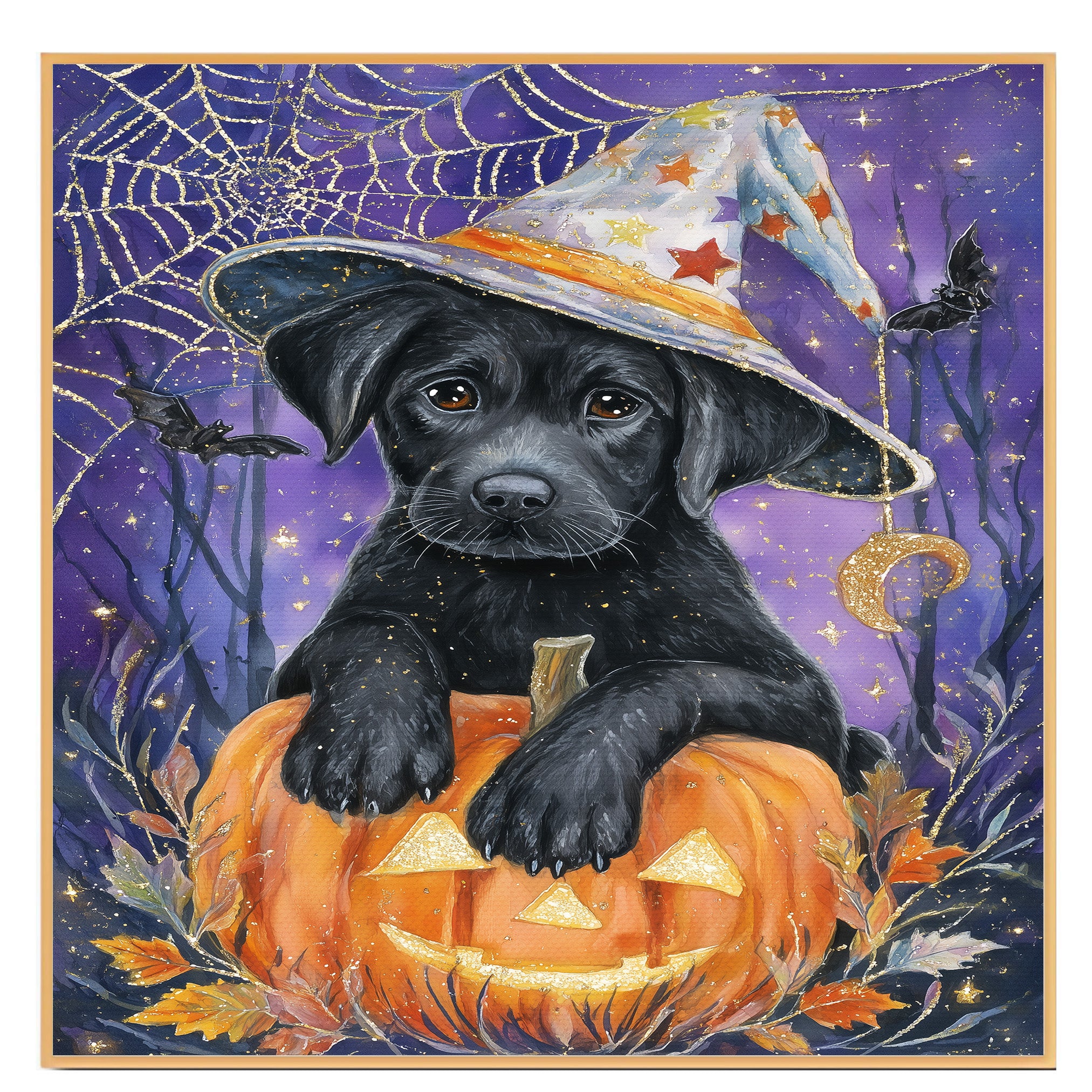 Halloween Black Labrador Pumpkins Canvas Print Maple Leaves Wall Décor for Pet Lovers Indoor Decorations on Ready to Hang 1.5" Thick Canvas Wrap, Floating Framed Canvas, Flat Rolled Canvas