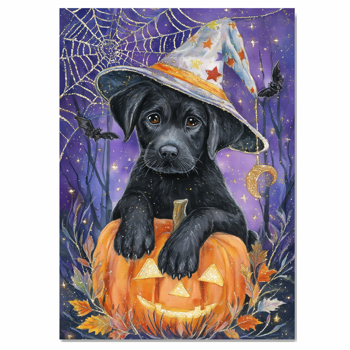 Halloween Black Labrador Pumpkins Canvas Print Maple Leaves Wall Décor for Pet Lovers Indoor Decorations on Ready to Hang 1.5" Thick Canvas Wrap, Floating Framed Canvas, Flat Rolled Canvas