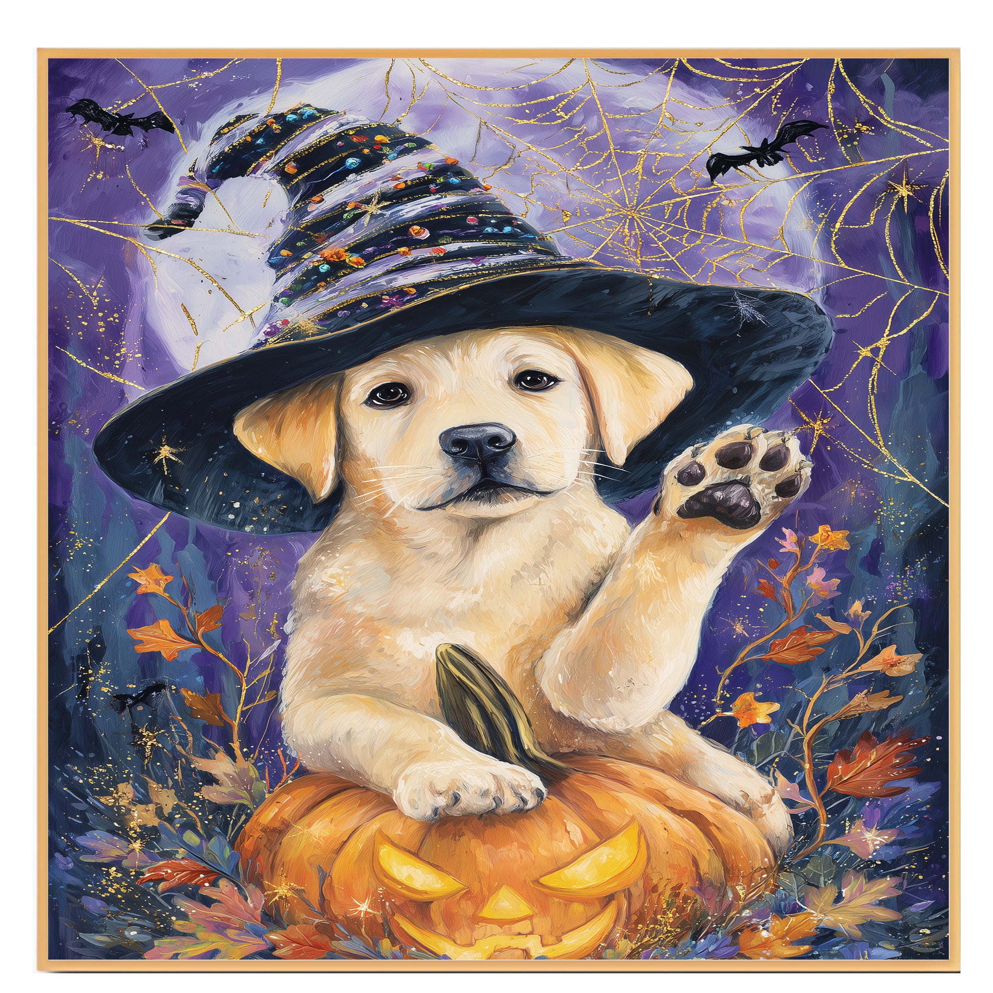 Halloween Labrador Dog Autumn Farmhouse Wall Art Pumpkin Canvas Painting Picture Home Wall Décor on Ready to Hang 1.5" Thick Canvas Wrap, Floating Framed Canvas, Flat Rolled Canvas