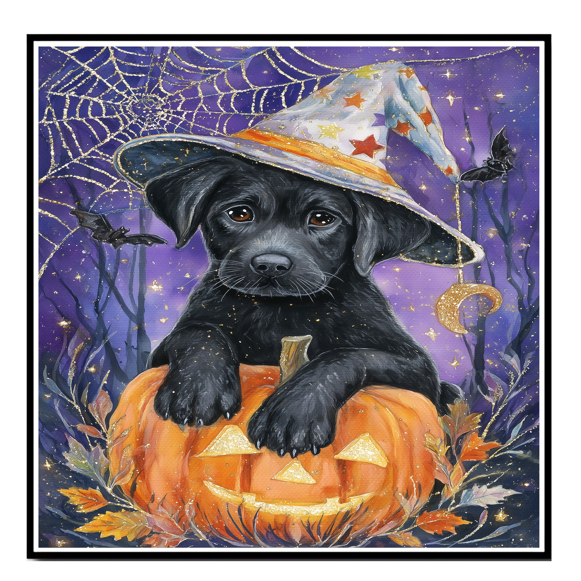 Halloween Black Labrador Pumpkins Canvas Print Maple Leaves Wall Décor for Pet Lovers Indoor Decorations on Ready to Hang 1.5" Thick Canvas Wrap, Floating Framed Canvas, Flat Rolled Canvas