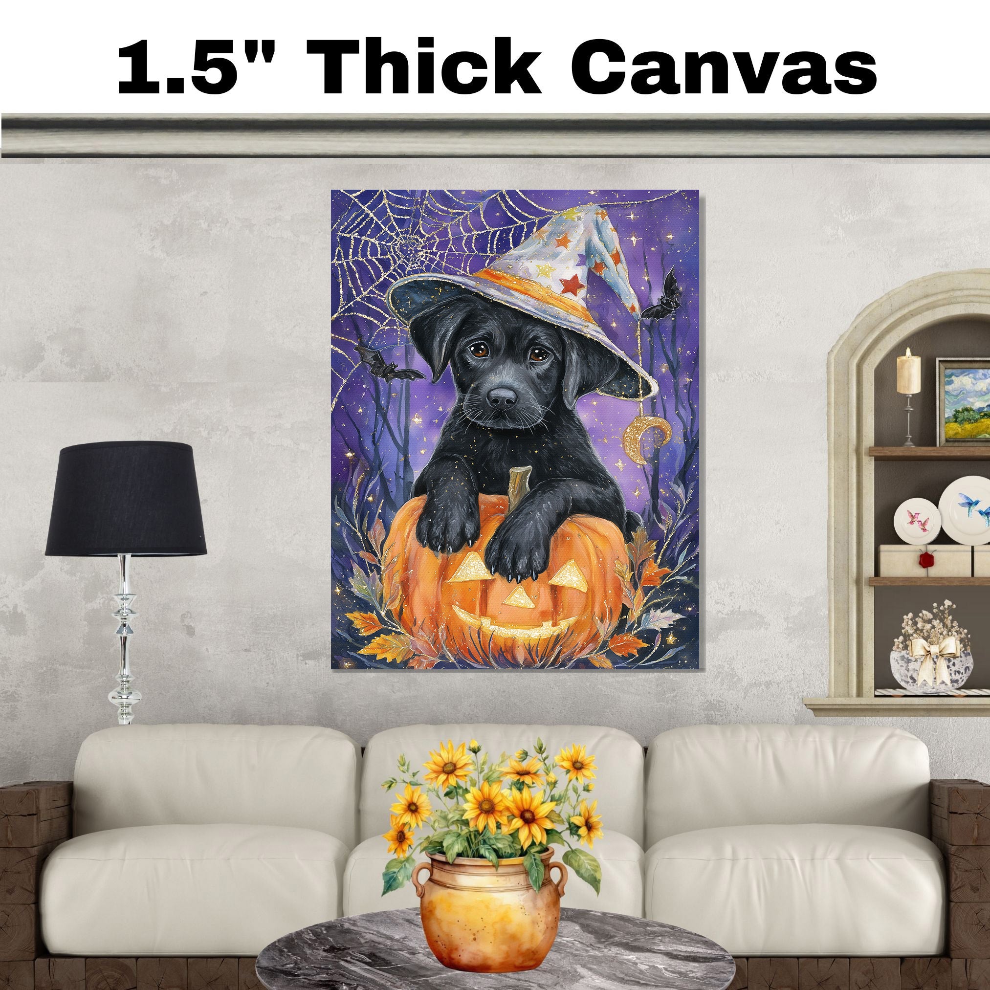Halloween Black Labrador Pumpkins Canvas Print Maple Leaves Wall Décor for Pet Lovers Indoor Decorations on Ready to Hang 1.5" Thick Canvas Wrap, Floating Framed Canvas, Flat Rolled Canvas