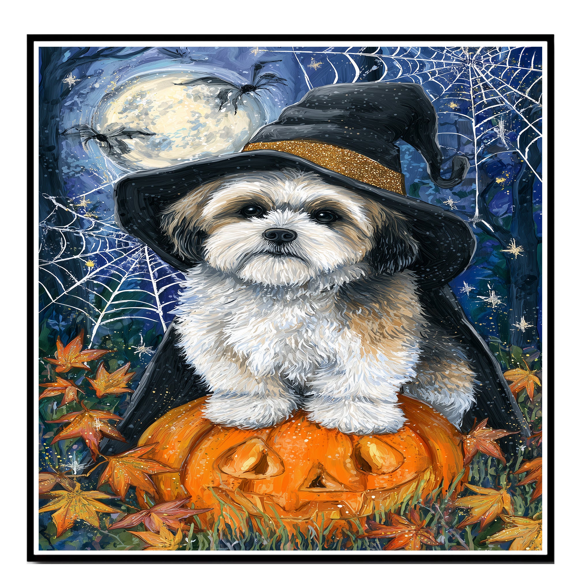Lhasa Apso Dog Framed Spider Webs Halloween Canvas Wall Art for Living Room Decoration for Indoor on Ready to Hang 1.5" Thick Canvas Wrap, Floating Framed Canvas, Flat Rolled Canvas