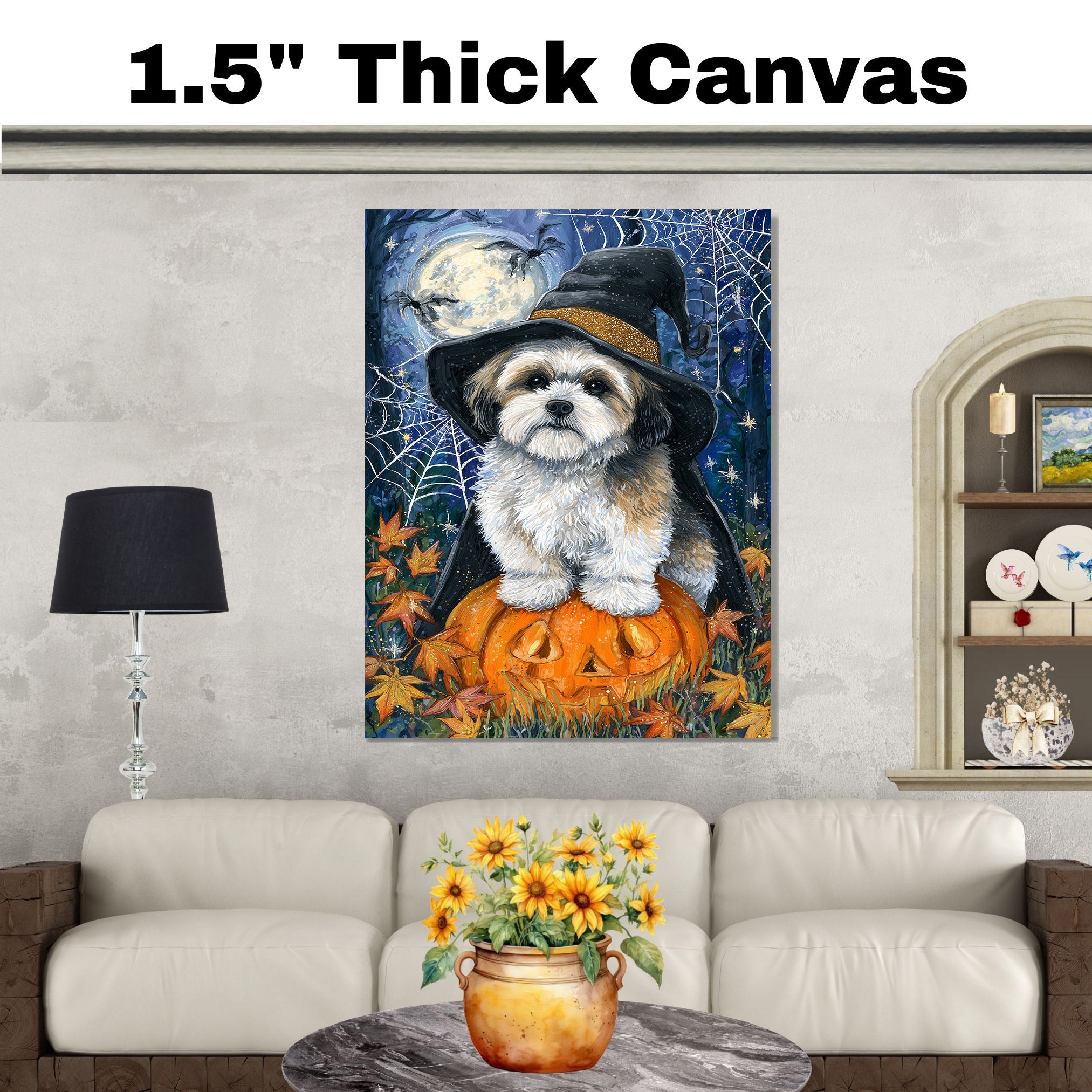 Lhasa Apso Dog Framed Spider Webs Halloween Canvas Wall Art for Living Room Decoration for Indoor on Ready to Hang 1.5" Thick Canvas Wrap, Floating Framed Canvas, Flat Rolled Canvas