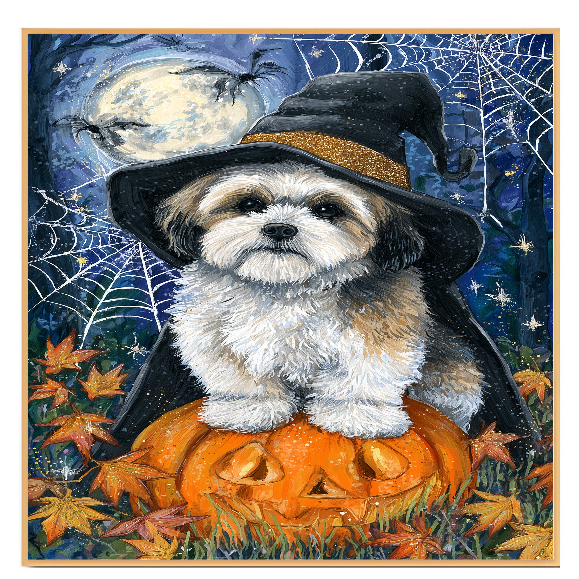 Lhasa Apso Dog Framed Spider Webs Halloween Canvas Wall Art for Living Room Decoration for Indoor on Ready to Hang 1.5" Thick Canvas Wrap, Floating Framed Canvas, Flat Rolled Canvas