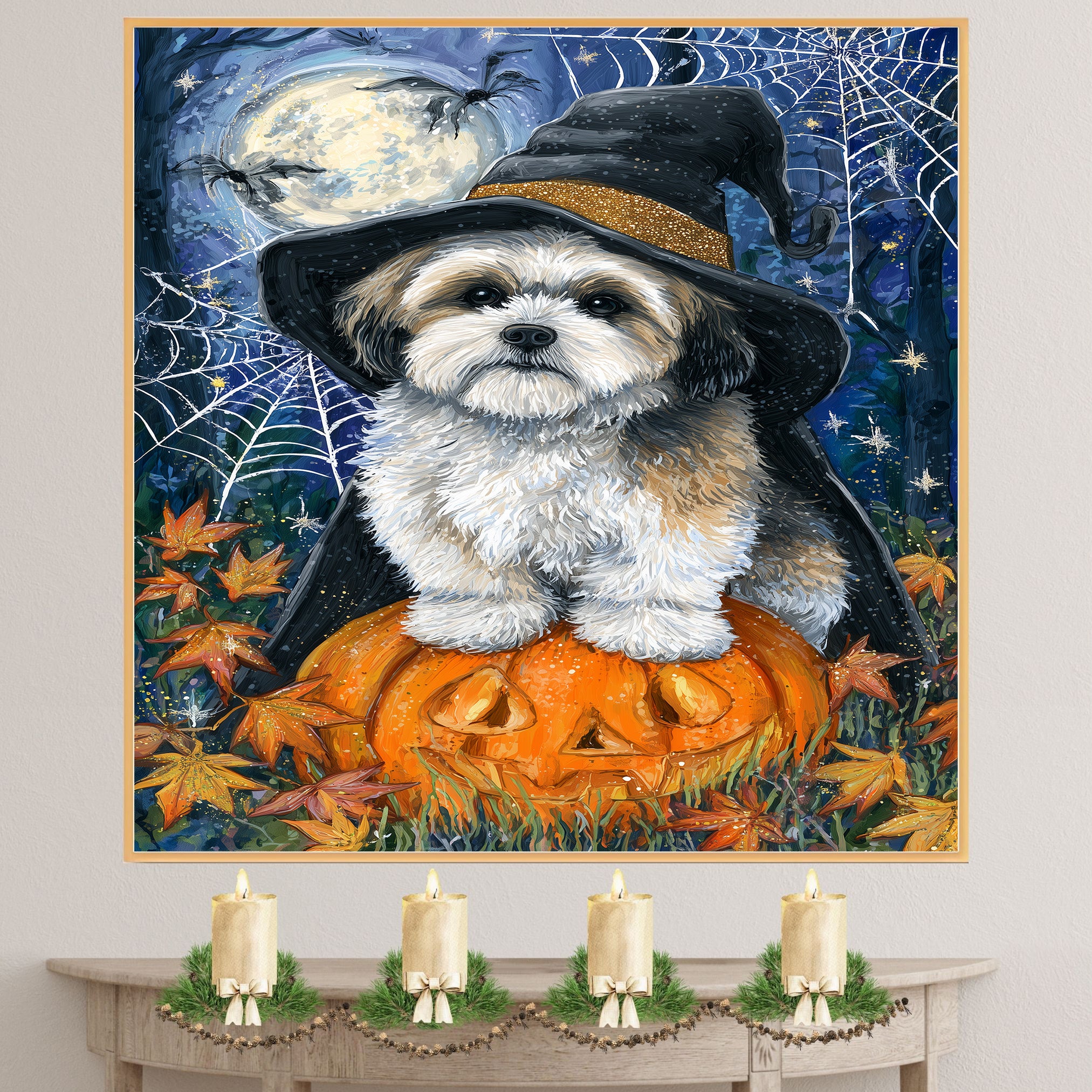 Lhasa Apso Dog Framed Spider Webs Halloween Canvas Wall Art for Living Room Decoration for Indoor on Ready to Hang 1.5" Thick Canvas Wrap, Floating Framed Canvas, Flat Rolled Canvas