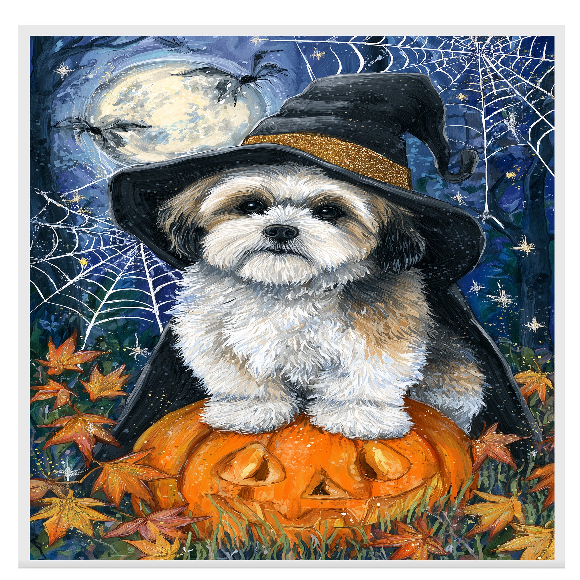 Lhasa Apso Dog Framed Spider Webs Halloween Canvas Wall Art for Living Room Decoration for Indoor on Ready to Hang 1.5" Thick Canvas Wrap, Floating Framed Canvas, Flat Rolled Canvas