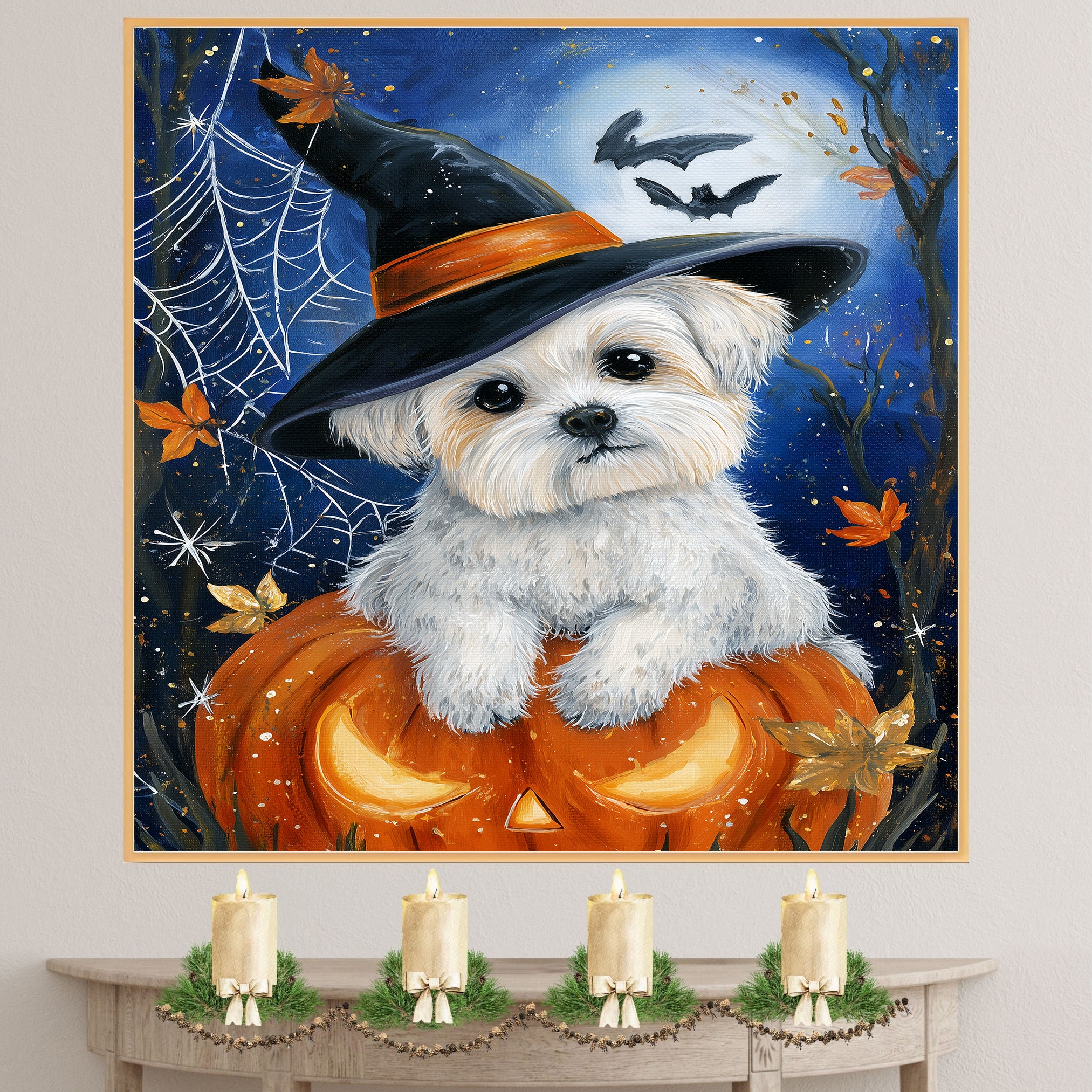 Halloween Maltese Dog Spiderweb Canvas for Indoor Witch Hat Dog Print for Pet Lovers and Home Décor on Ready to Hang 1.5" Thick Canvas Wrap, Floating Framed Canvas, Flat Rolled Canvas