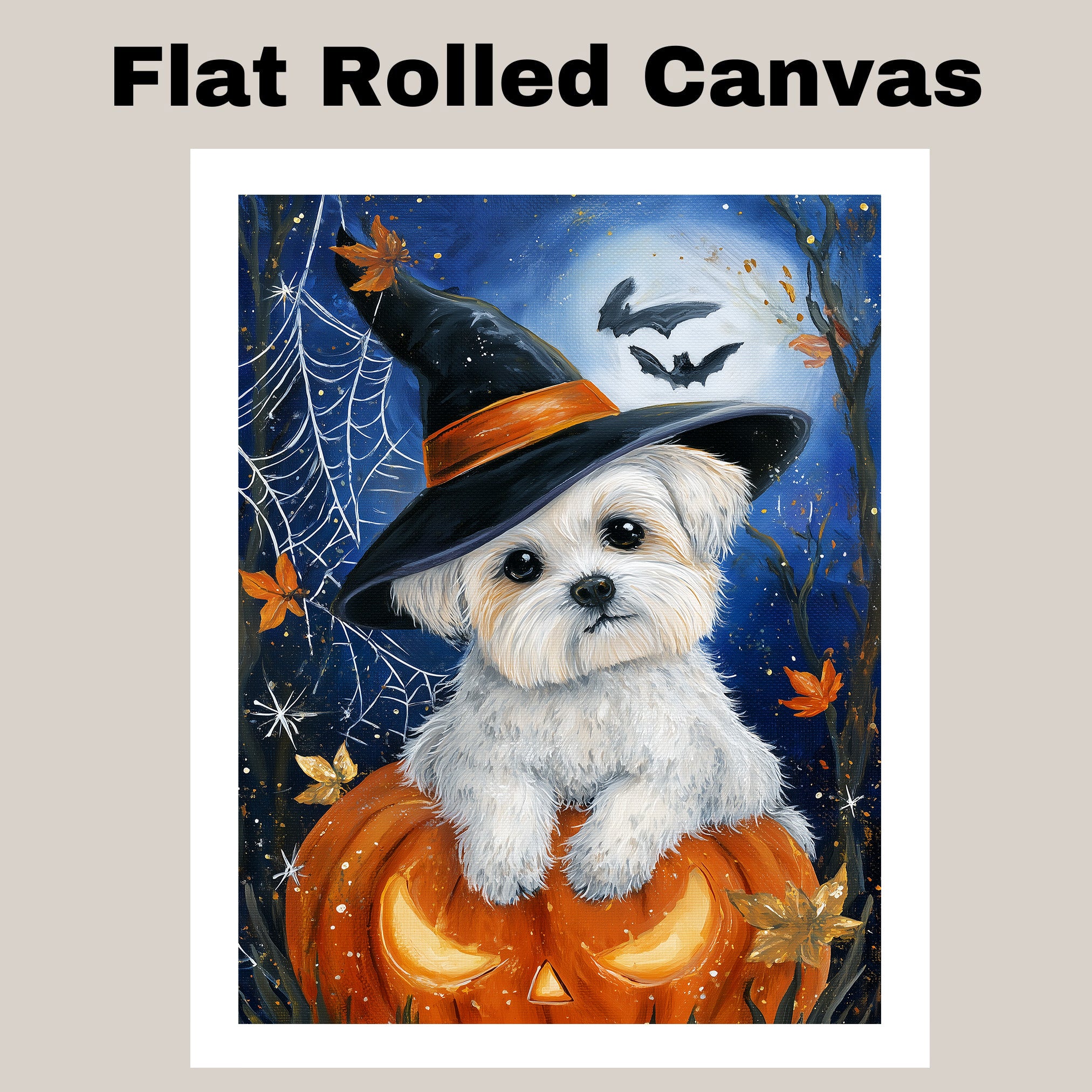 Halloween Maltese Dog Spiderweb Canvas for Indoor Witch Hat Dog Print for Pet Lovers and Home Décor on Ready to Hang 1.5" Thick Canvas Wrap, Floating Framed Canvas, Flat Rolled Canvas