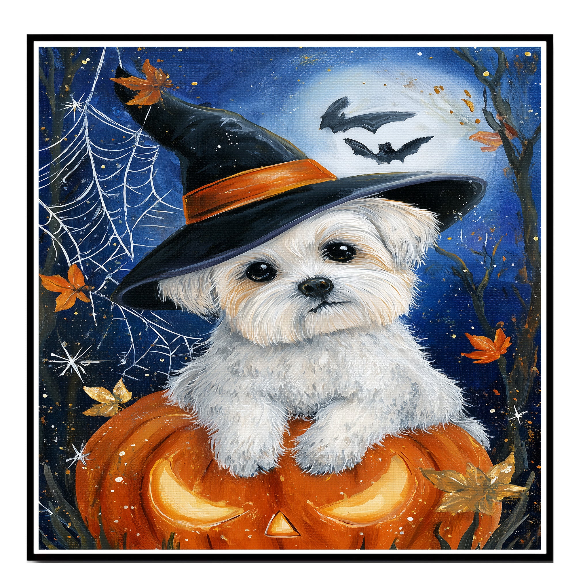 Halloween Maltese Dog Spiderweb Canvas for Indoor Witch Hat Dog Print for Pet Lovers and Home Décor on Ready to Hang 1.5" Thick Canvas Wrap, Floating Framed Canvas, Flat Rolled Canvas