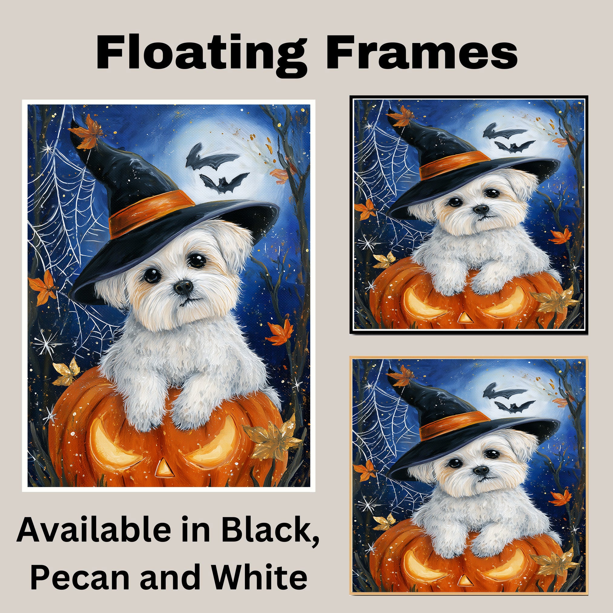 Halloween Maltese Dog Spiderweb Canvas for Indoor Witch Hat Dog Print for Pet Lovers and Home Décor on Ready to Hang 1.5" Thick Canvas Wrap, Floating Framed Canvas, Flat Rolled Canvas