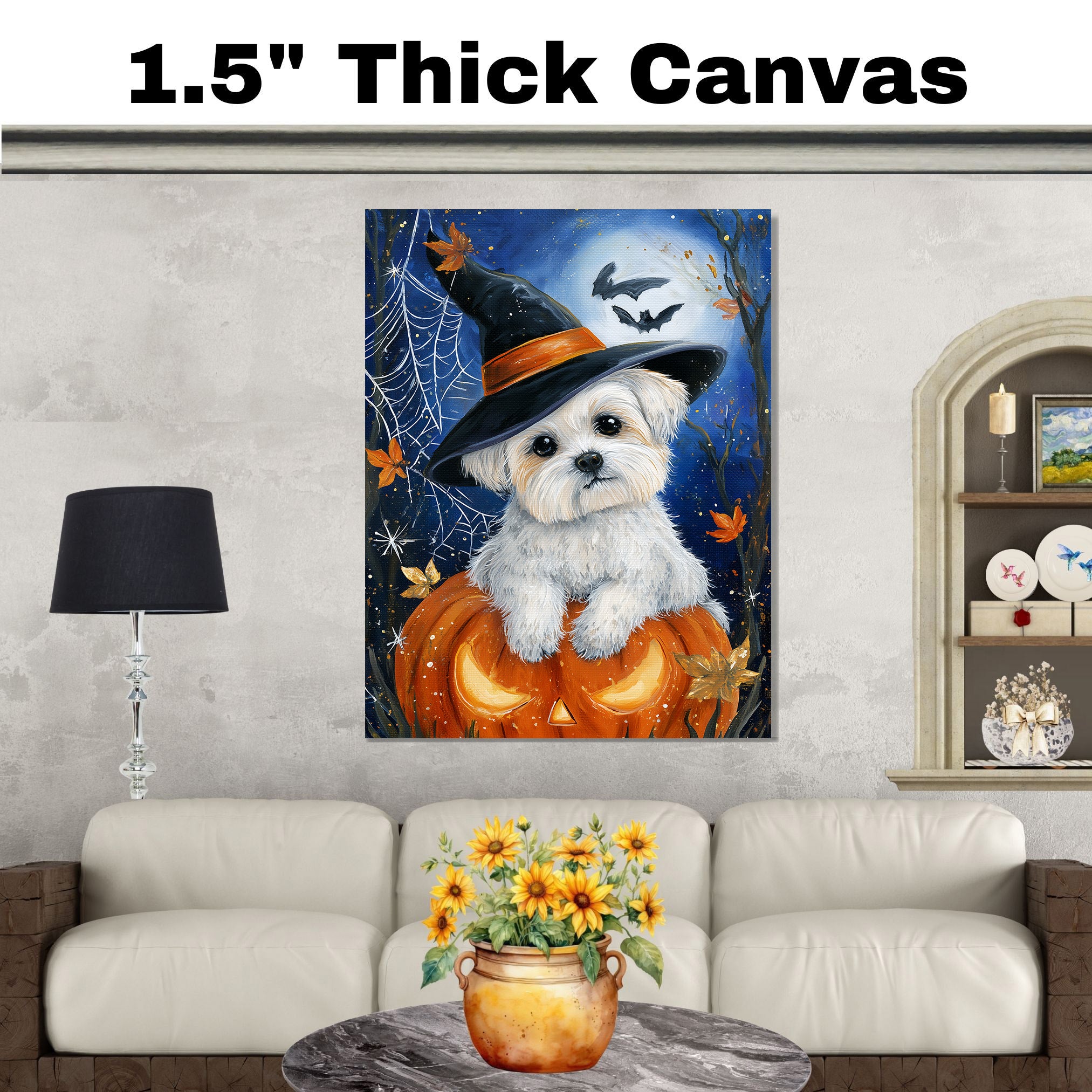 Halloween Maltese Dog Spiderweb Canvas for Indoor Witch Hat Dog Print for Pet Lovers and Home Décor on Ready to Hang 1.5" Thick Canvas Wrap, Floating Framed Canvas, Flat Rolled Canvas
