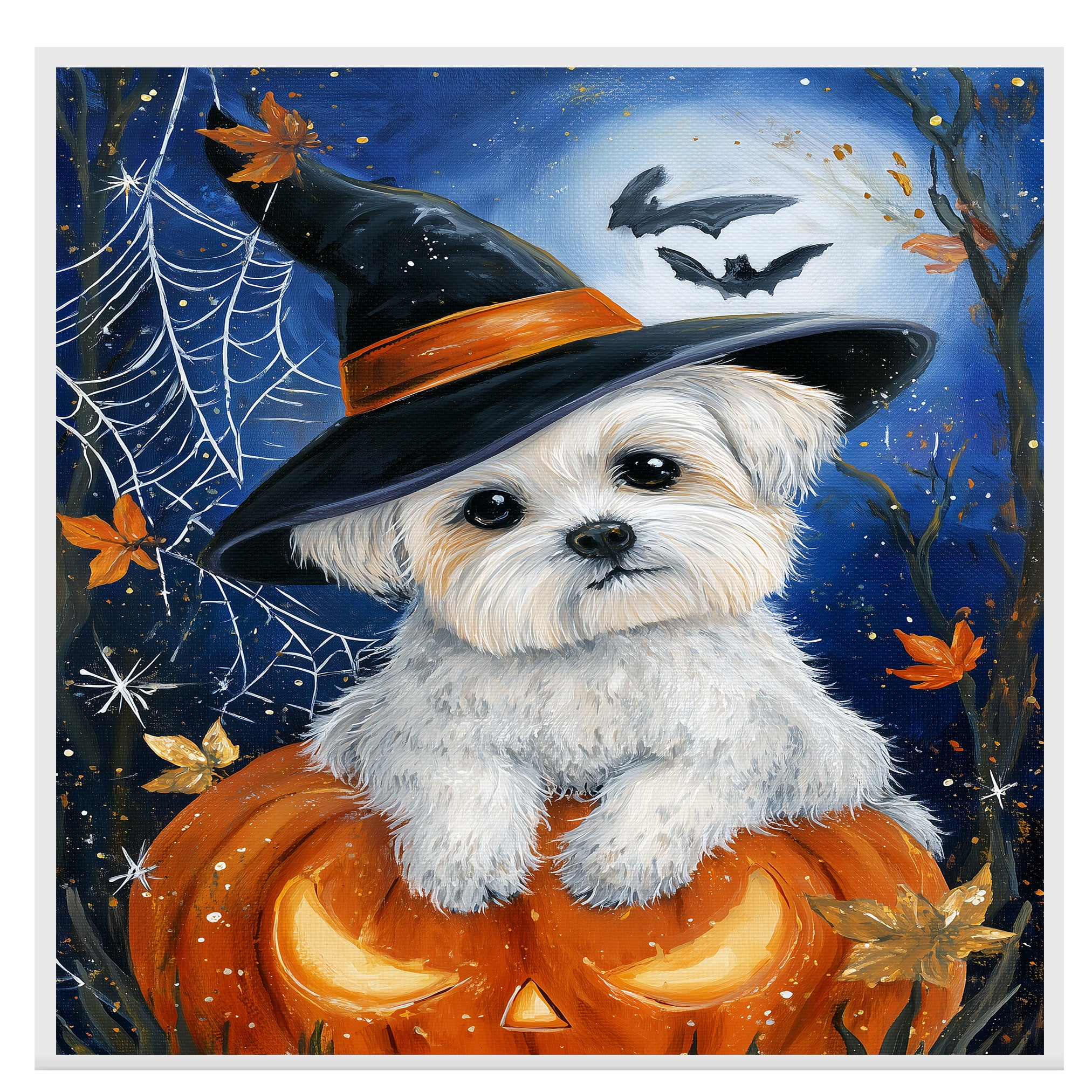 Halloween Maltese Dog Spiderweb Canvas for Indoor Witch Hat Dog Print for Pet Lovers and Home Décor on Ready to Hang 1.5" Thick Canvas Wrap, Floating Framed Canvas, Flat Rolled Canvas